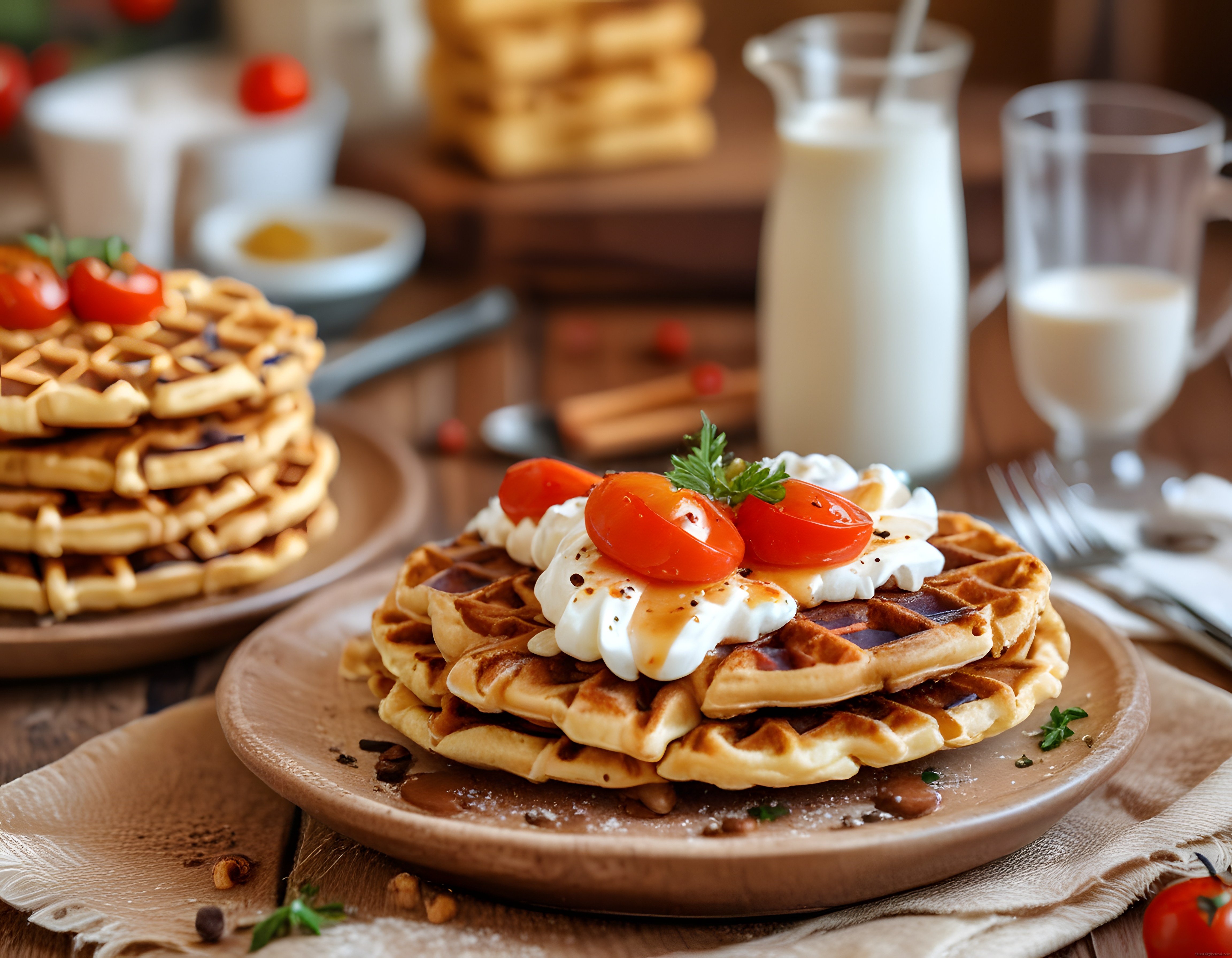 Kahvaltı Sofrasında Domatesli Peynirli Waffle ve Taze Süt Sunumu
