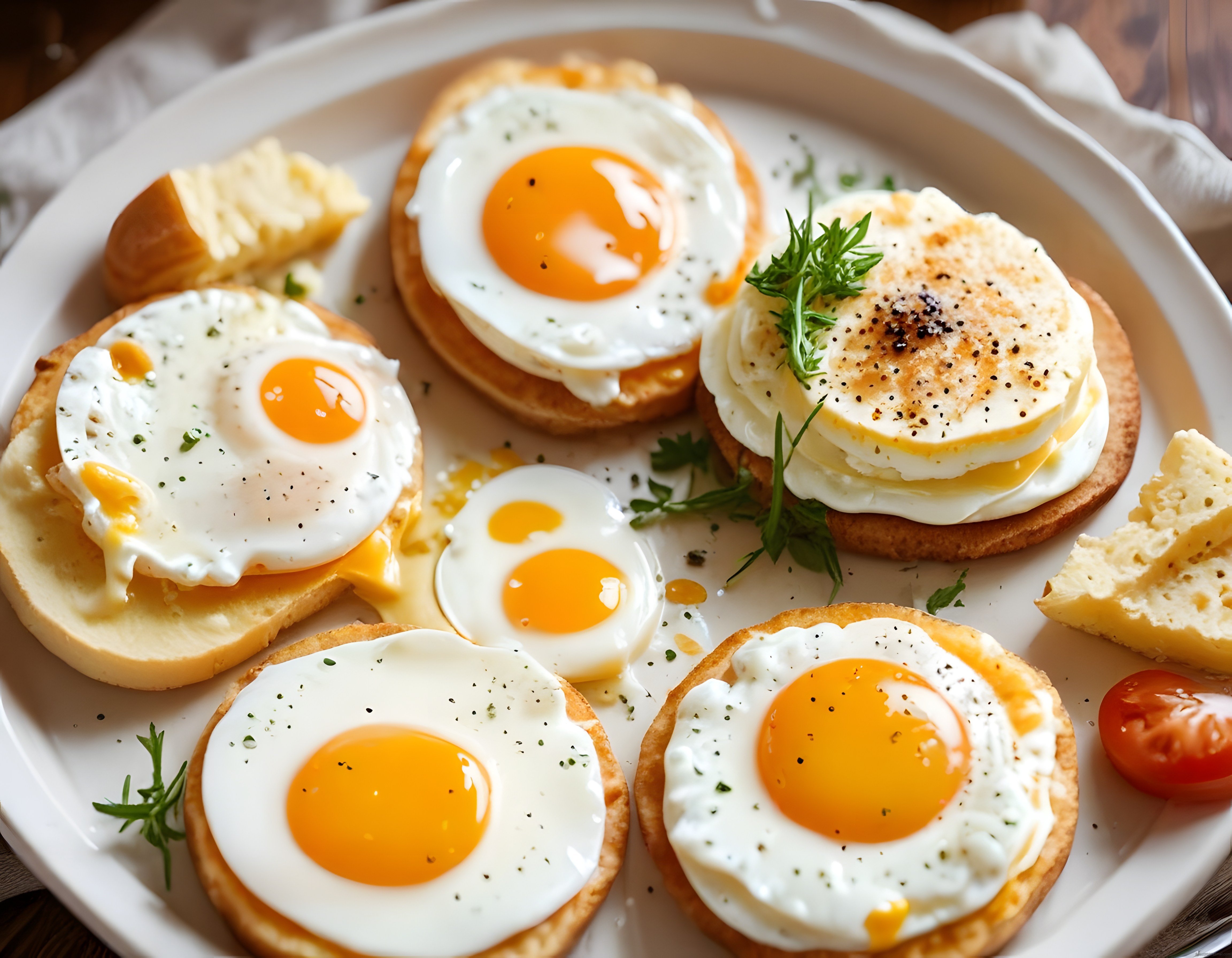 Kahvaltı Sofrasında Ekmek Üzerinde Farklı Stillerde Pişmiş Yumurtalar ve Peynir
