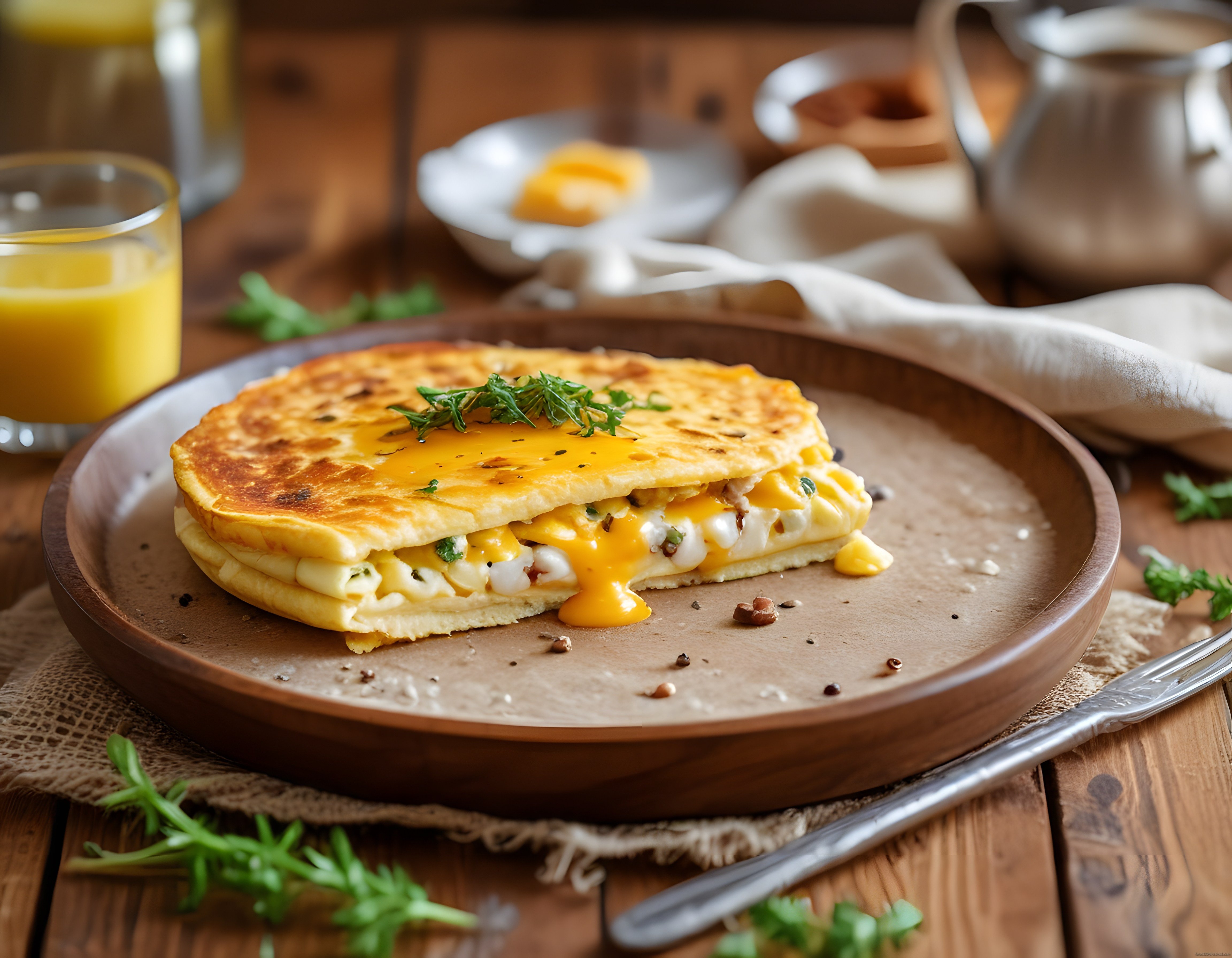 Kahvaltı Sofrasında Eriyen Peynirli Omlet ve Taze Portakal Suyu