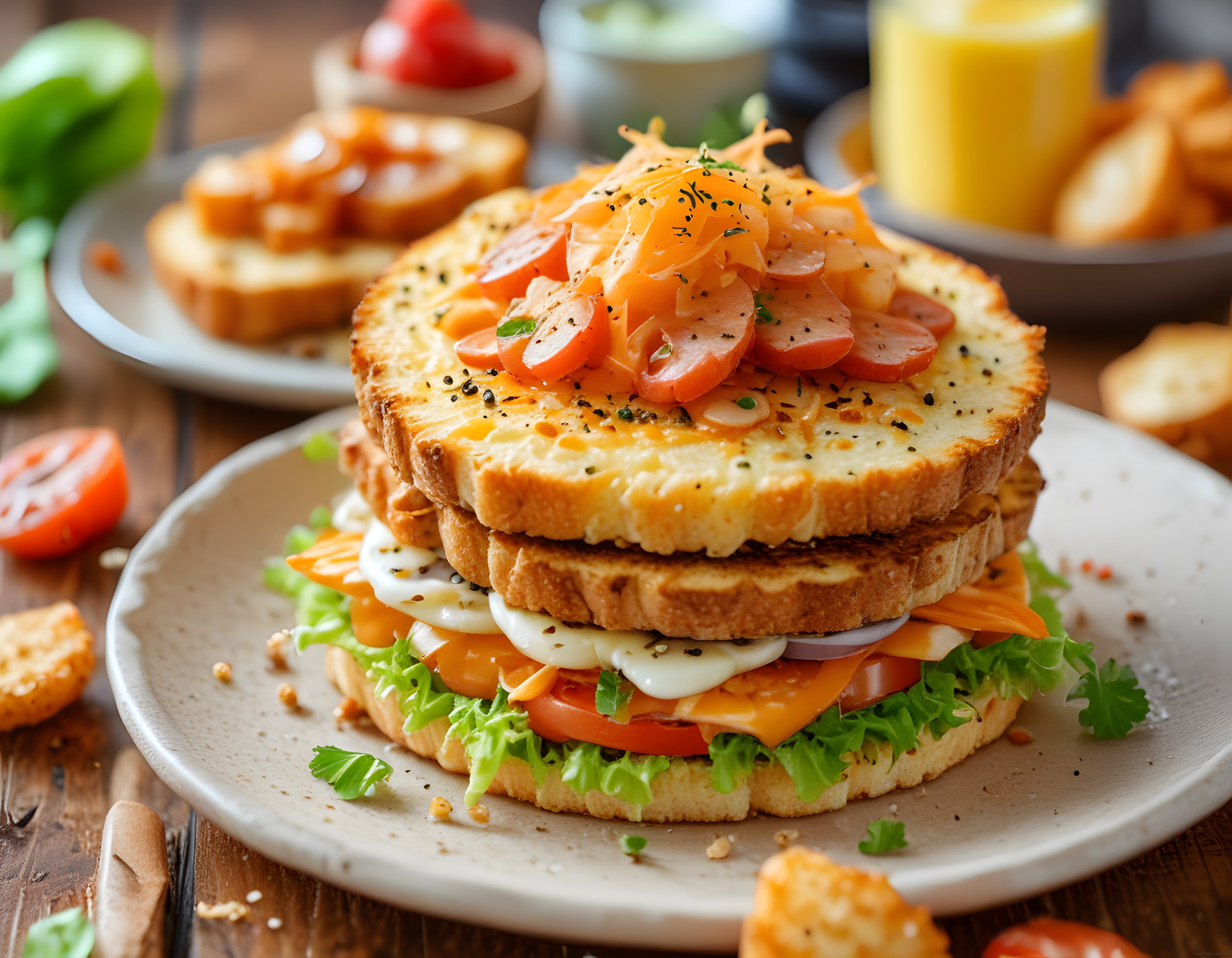 Kahvaltı Sofrasında İştah Açıcı Katlı Tost ve Yumurtalı Sandviç Sunumu