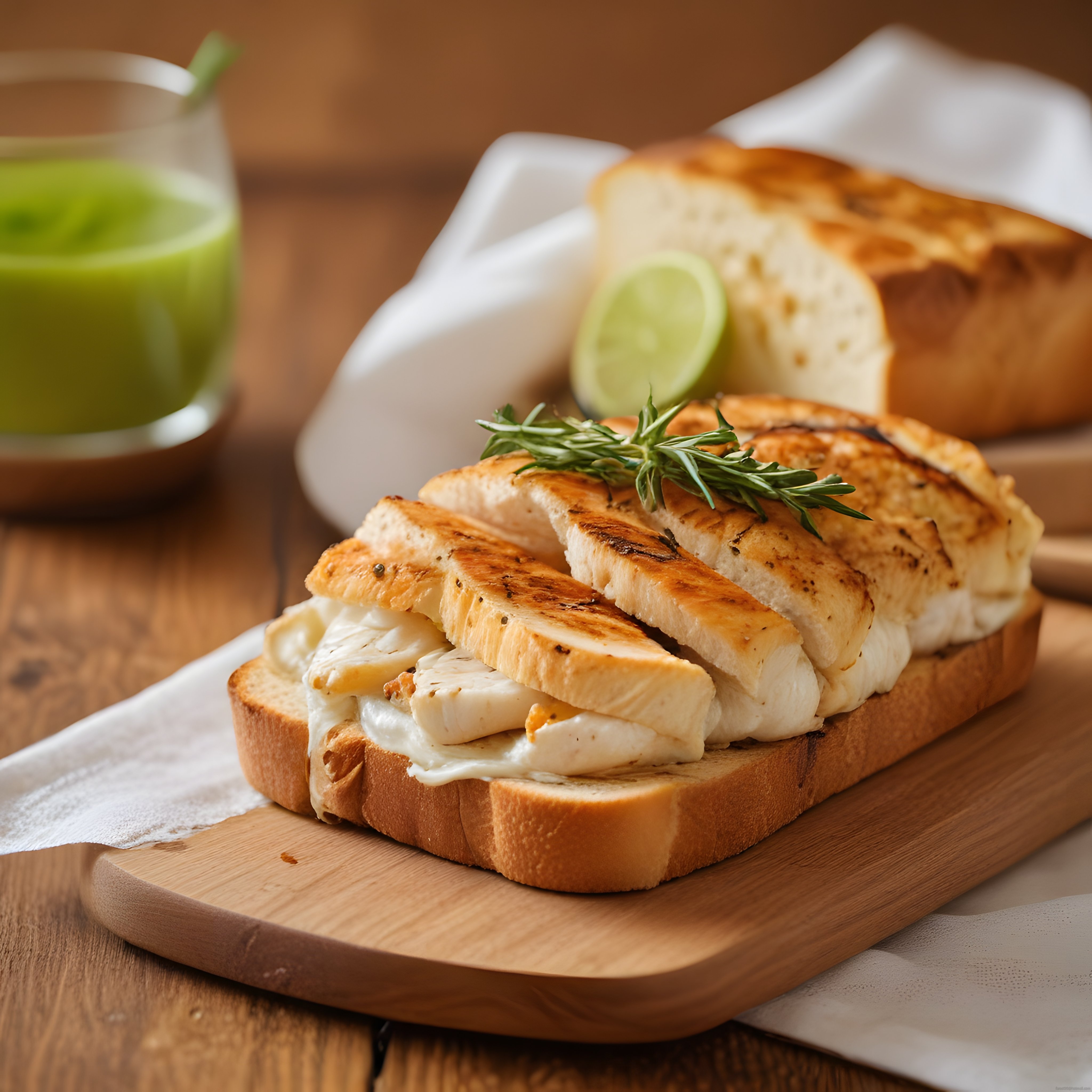 Kahvaltı Sofrasında Izgara Tavuklu Peynirli Tost ve Taze Yeşil Smoothie