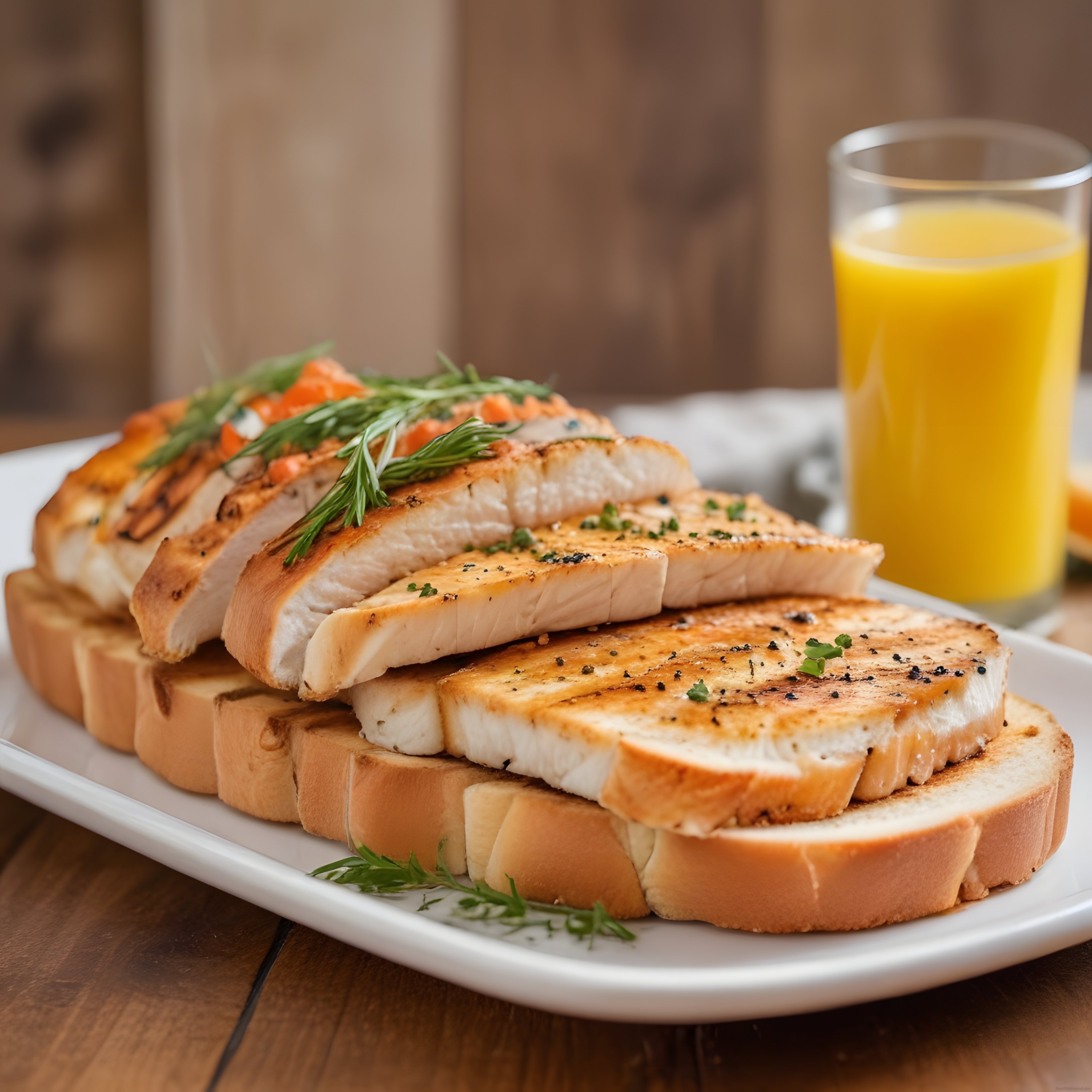 Kahvaltı Sofrasında Izgara Tavuklu Tost ve Taze Portakal Suyu Sunumu