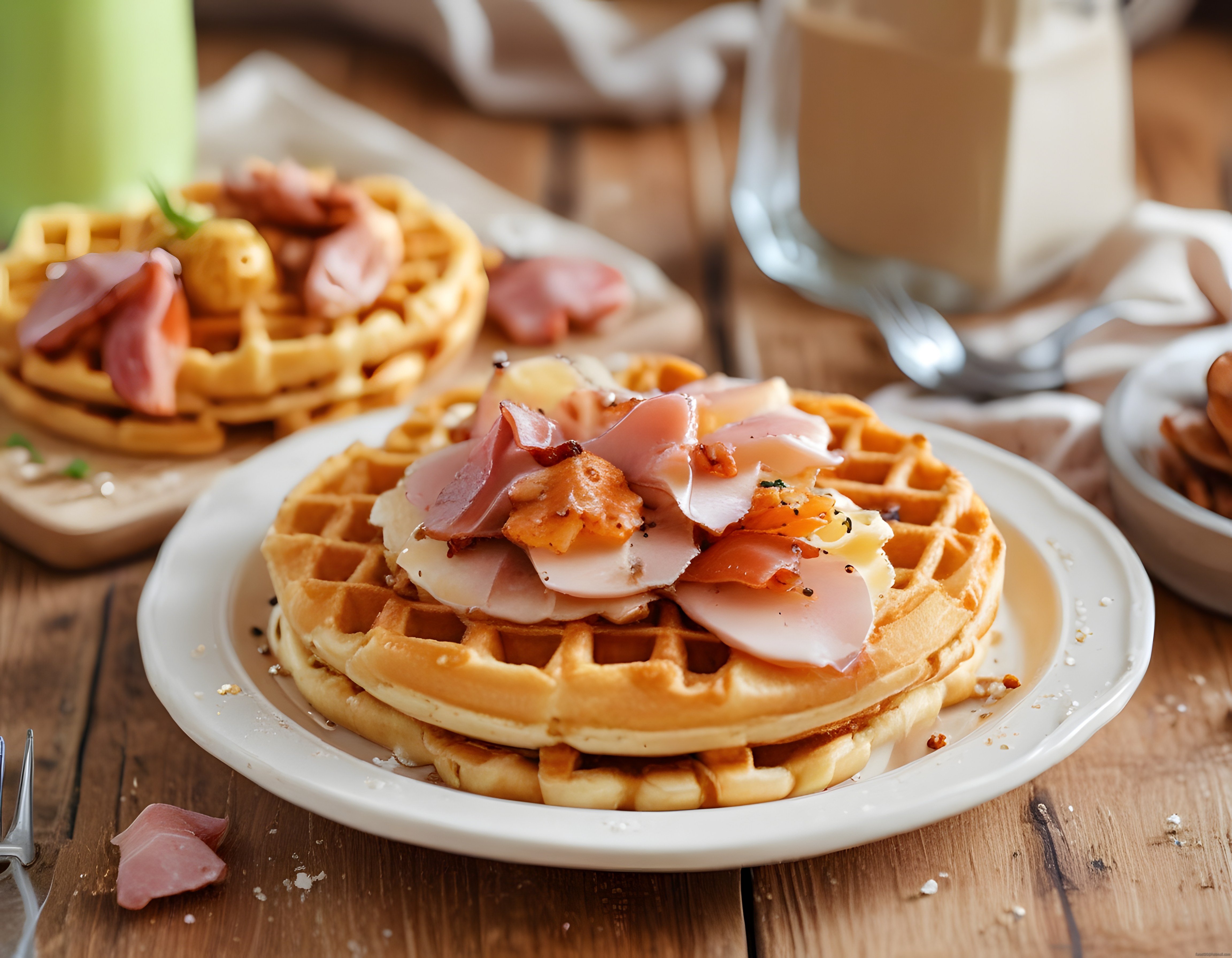 Kahvaltı Sofrasında Jambon ve Peynirle Süslenmiş Sıcak Waffle Lezzeti