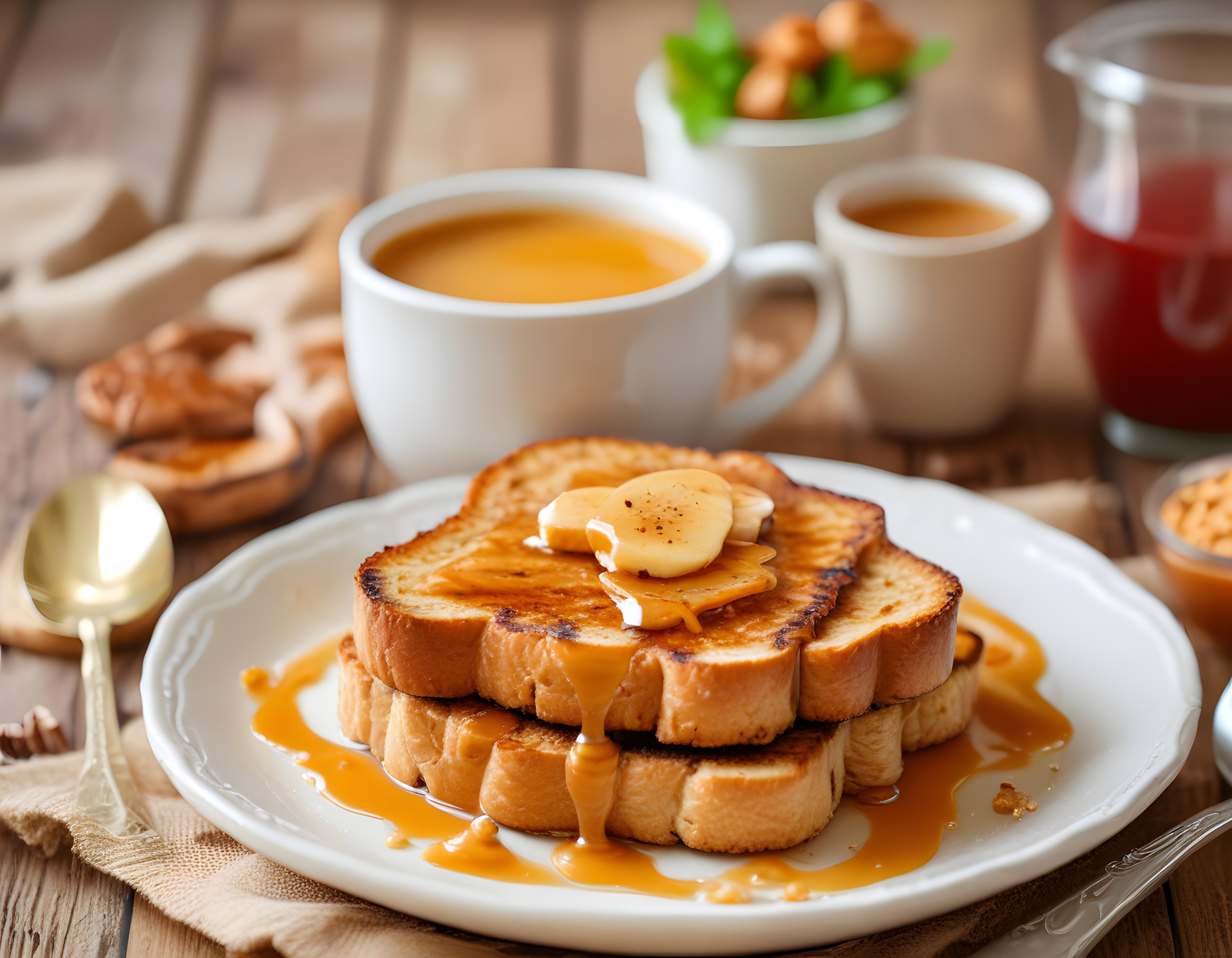 Kahvaltı Sofrasında Karamelli Muzlu French Toast ve Sıcak Kahve