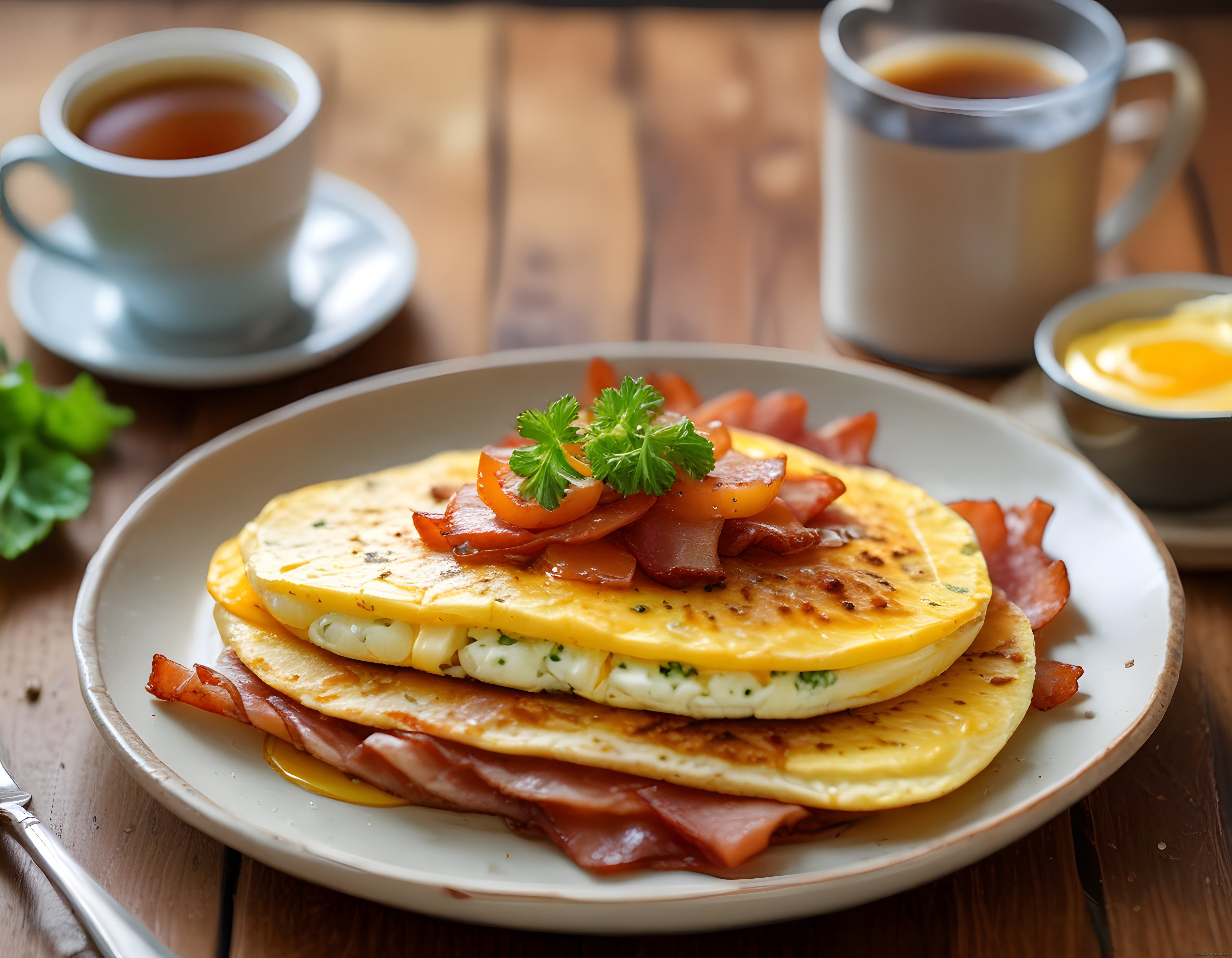 Kahvaltı Sofrasında Katlı Omlet: Jambon, Domates ve Maydanoz ile Şık Sunum
