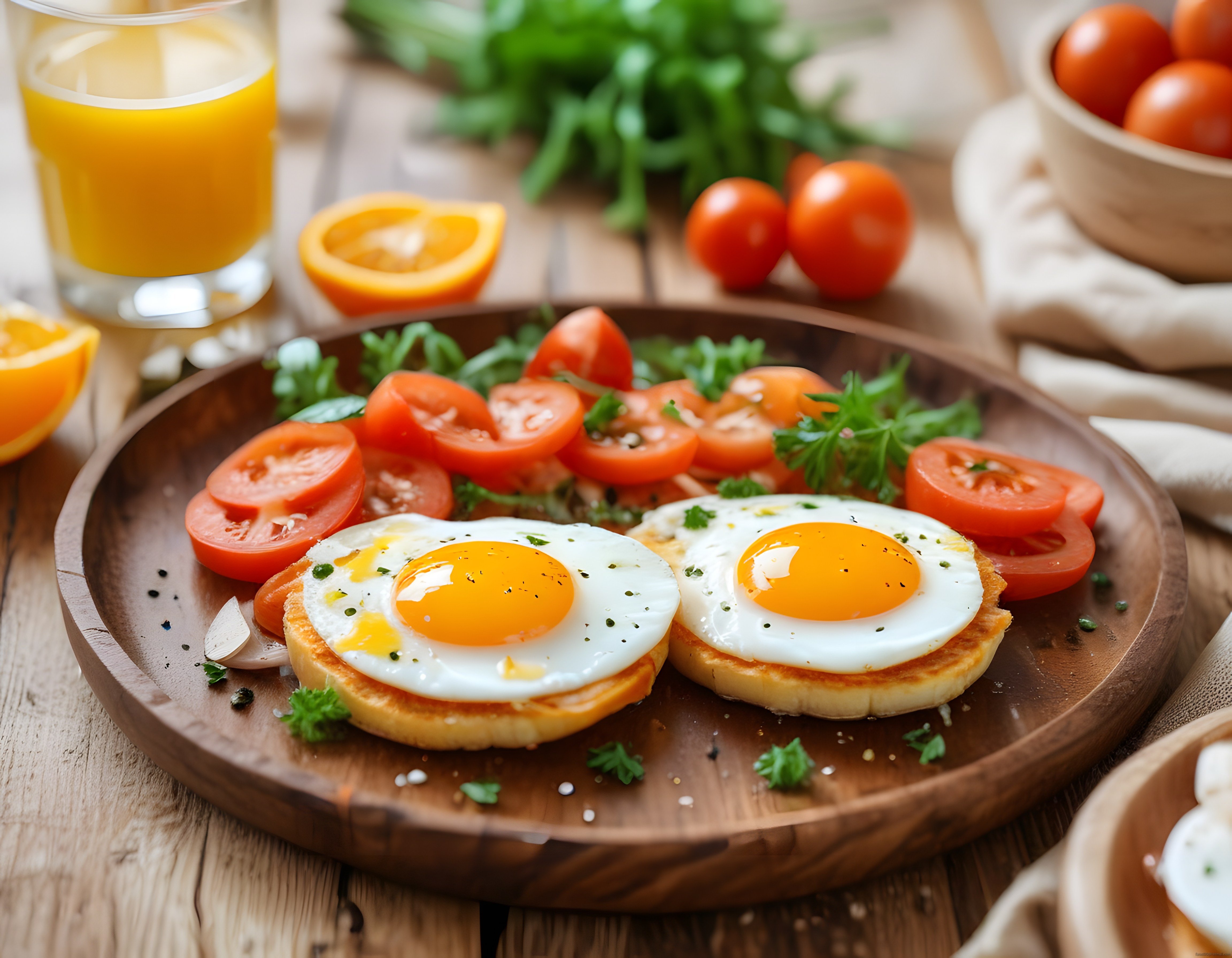 Kahvaltı Sofrasında Kızarmış Ekmek Üzerinde Güneş Yumurta ve Domates Süslemesi