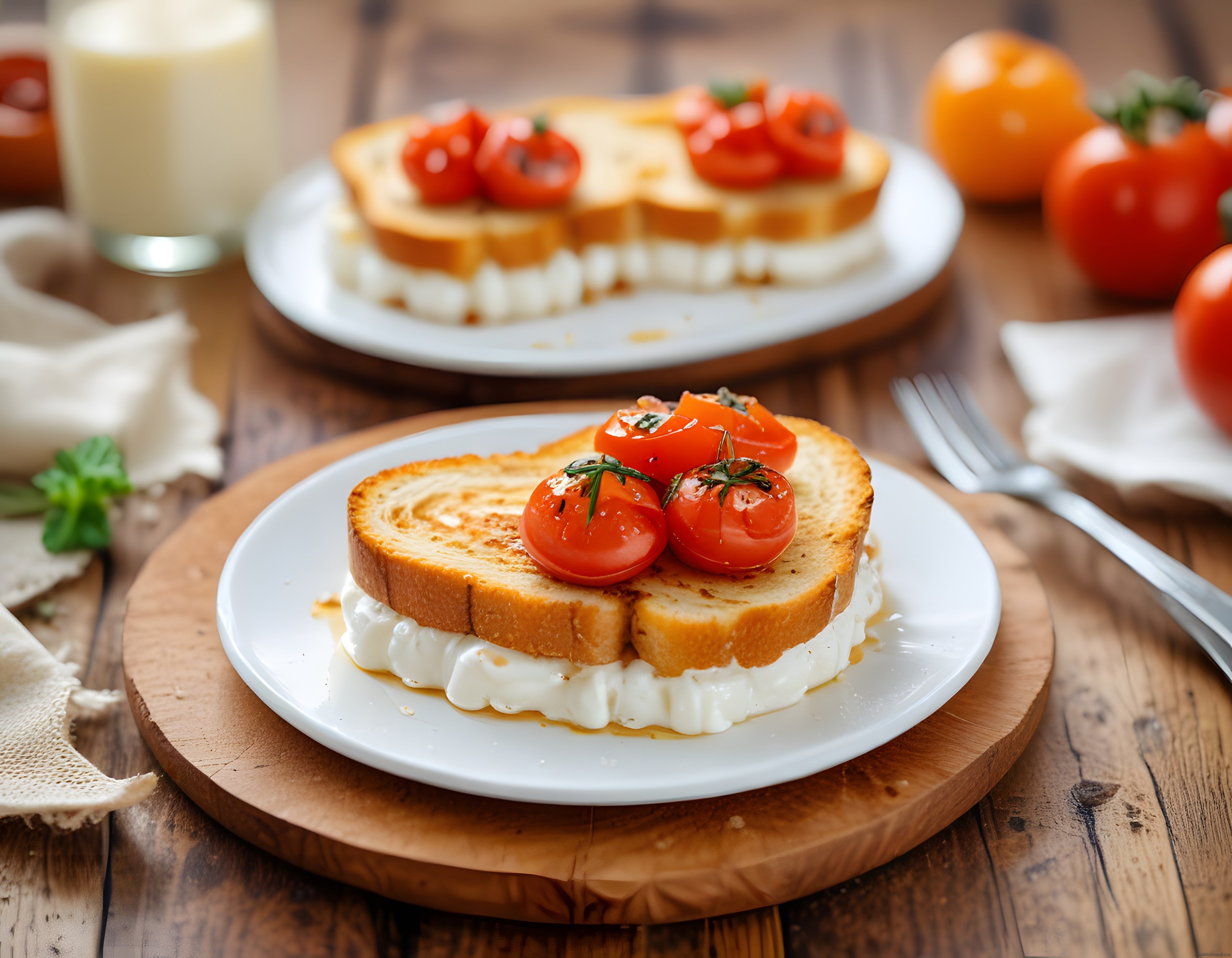 Kahvaltı Sofrasında Kızarmış Ekmek Üzerinde Peynir ve Domates Sunumu