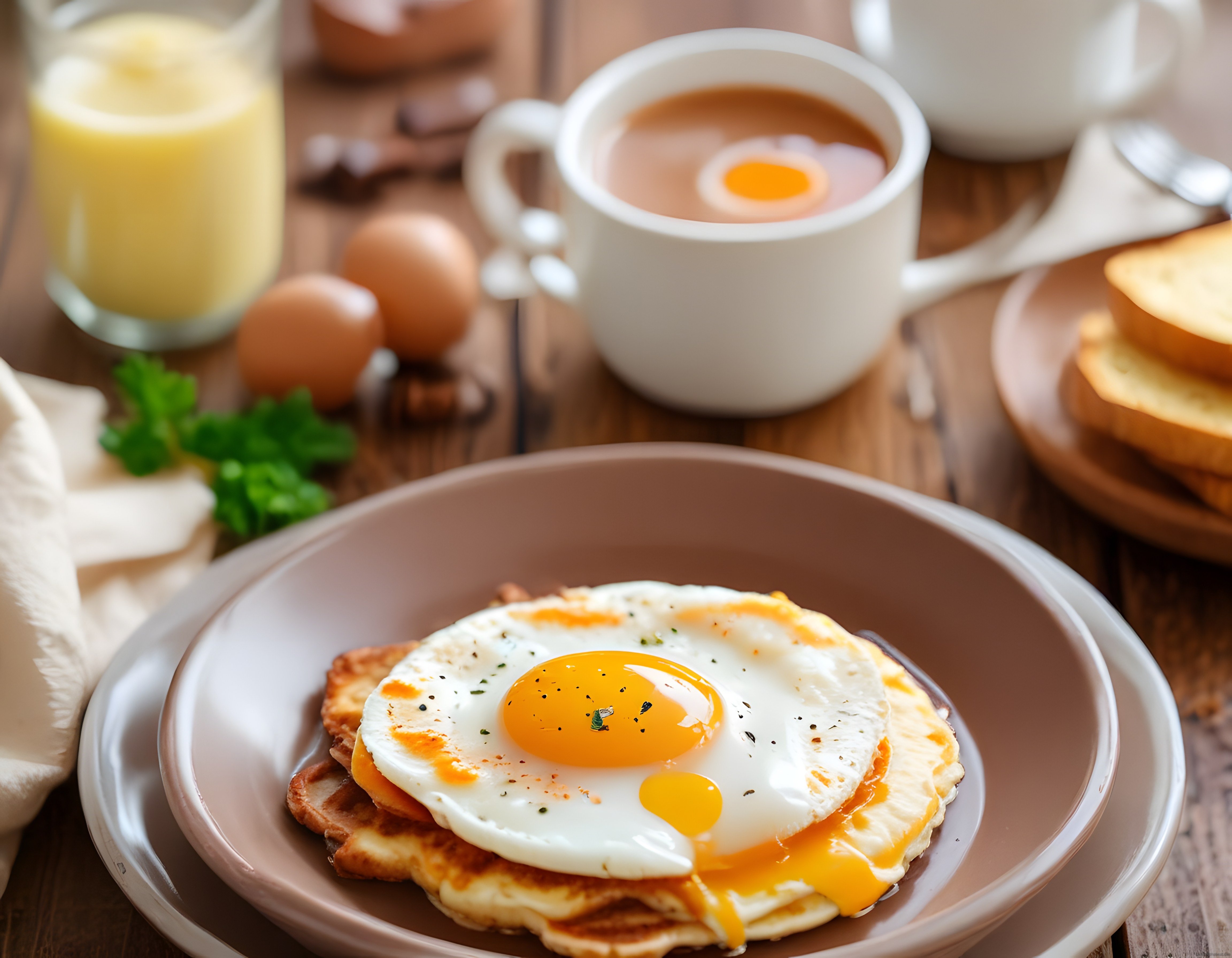 Kahvaltı Sofrasında Kızarmış Ekmek ve Akışkan Yumurta ile Portakal Suyu