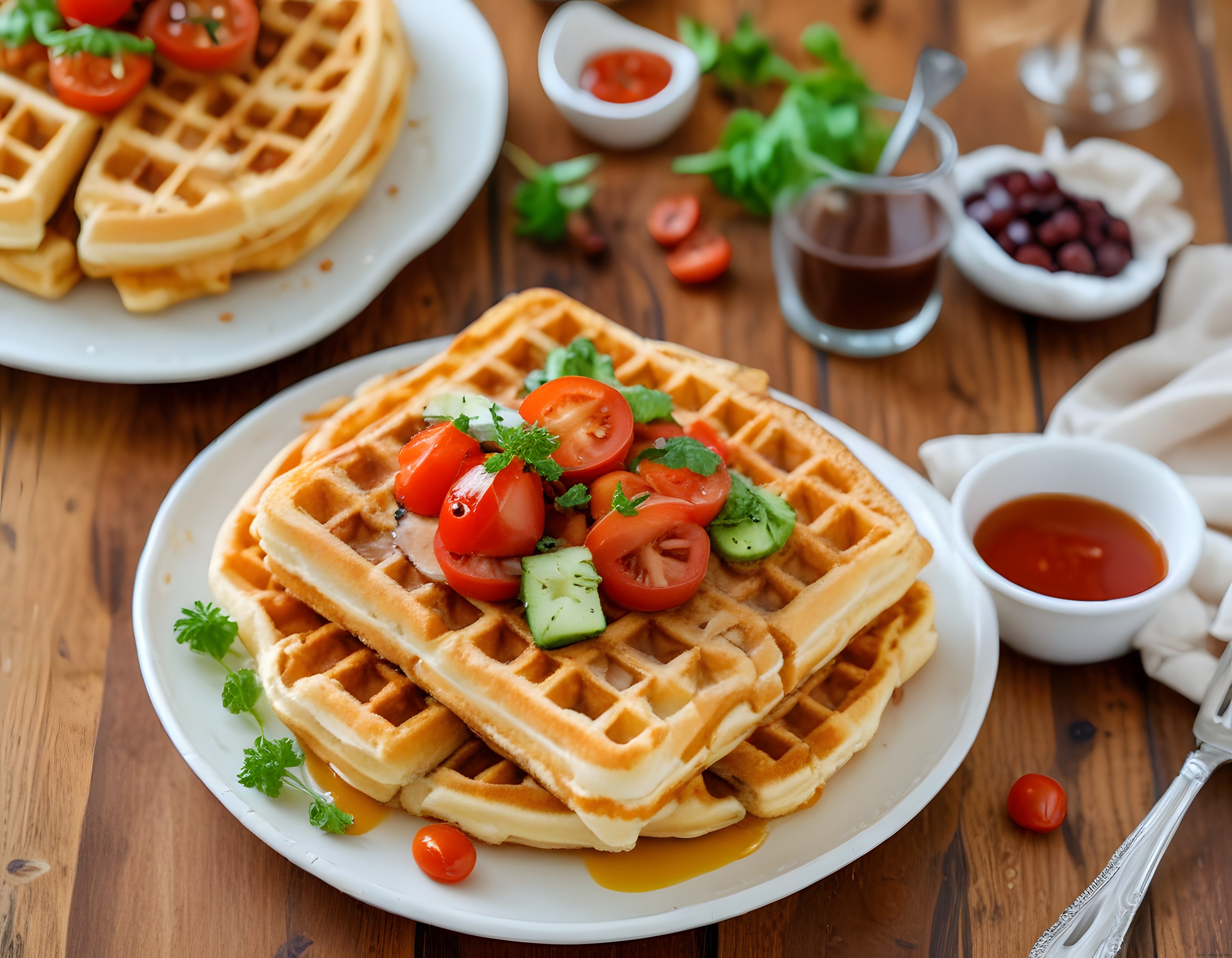 Kahvaltı Sofrasında Kızarmış Waffle ve Taze Sebzelerle Lezzetli Sunum