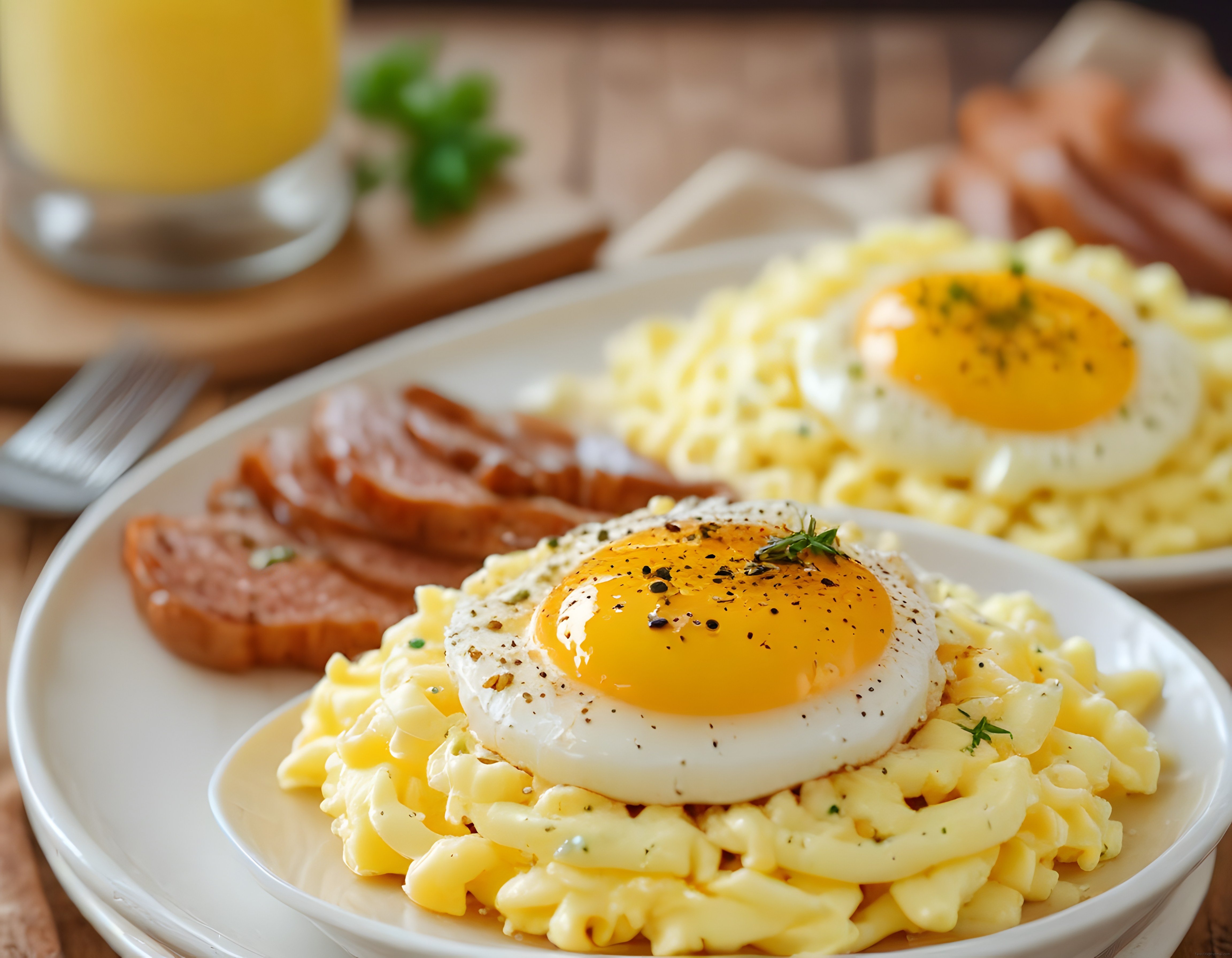 Kahvaltı Sofrasında Kremalı Makarna Üzerinde Güneş Gibi Pişmiş Yumurta