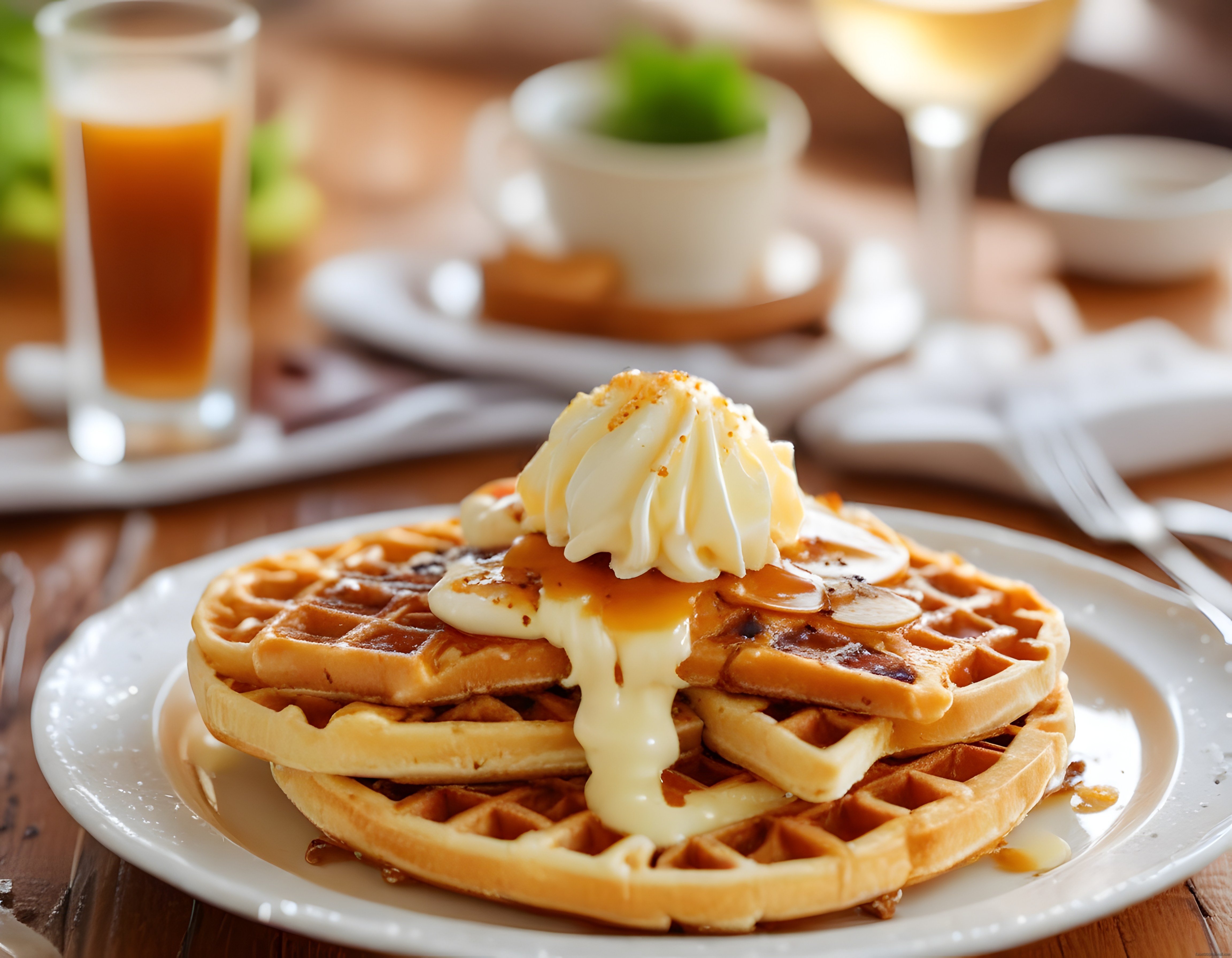 Kahvaltı Sofrasında Kremalı Muzlu Waffle ve Karamel Soslu Tatlı Lezzet