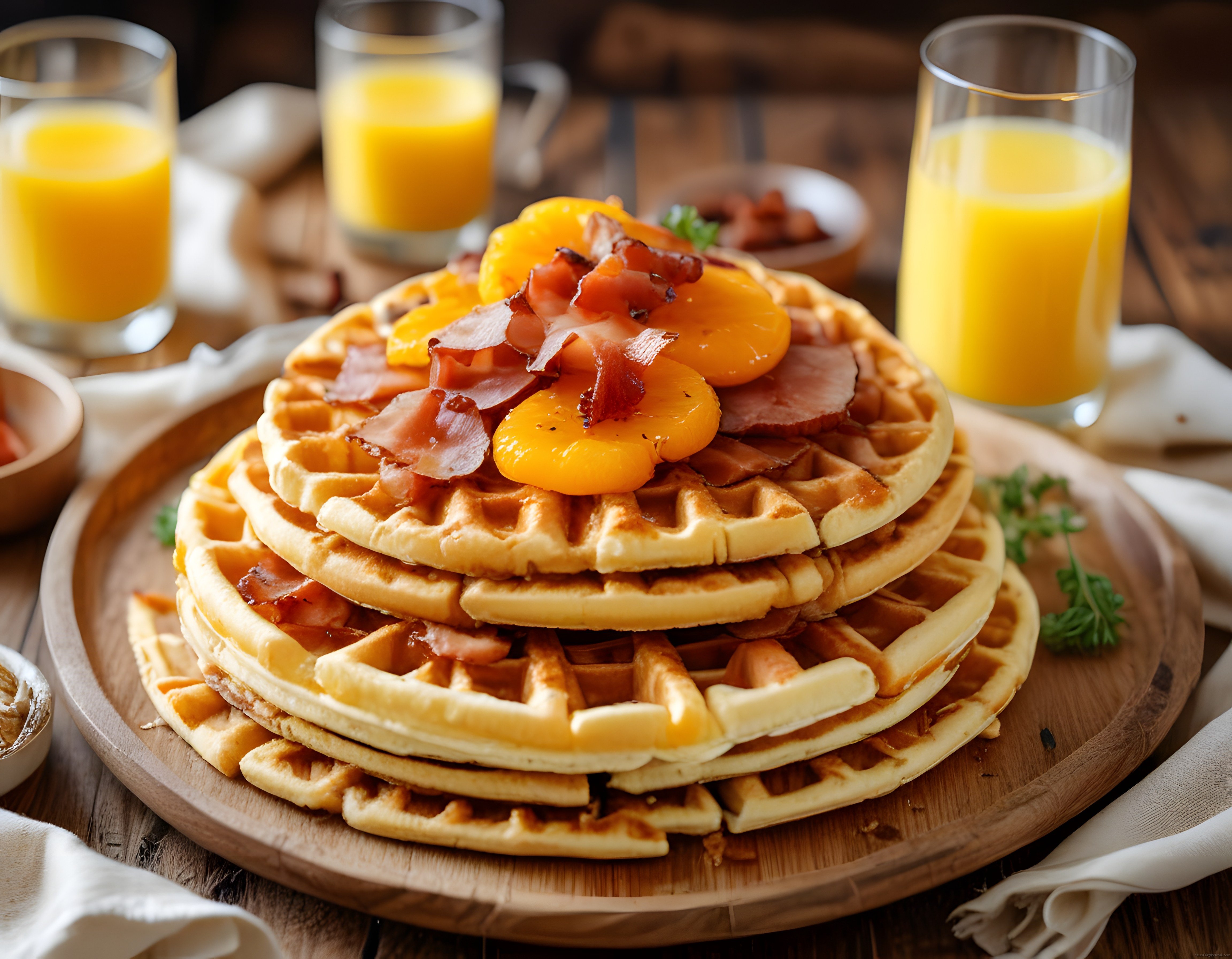 Kahvaltı Sofrasında Şeftali Dilimli ve Pastırmalı Waffle Kulesi