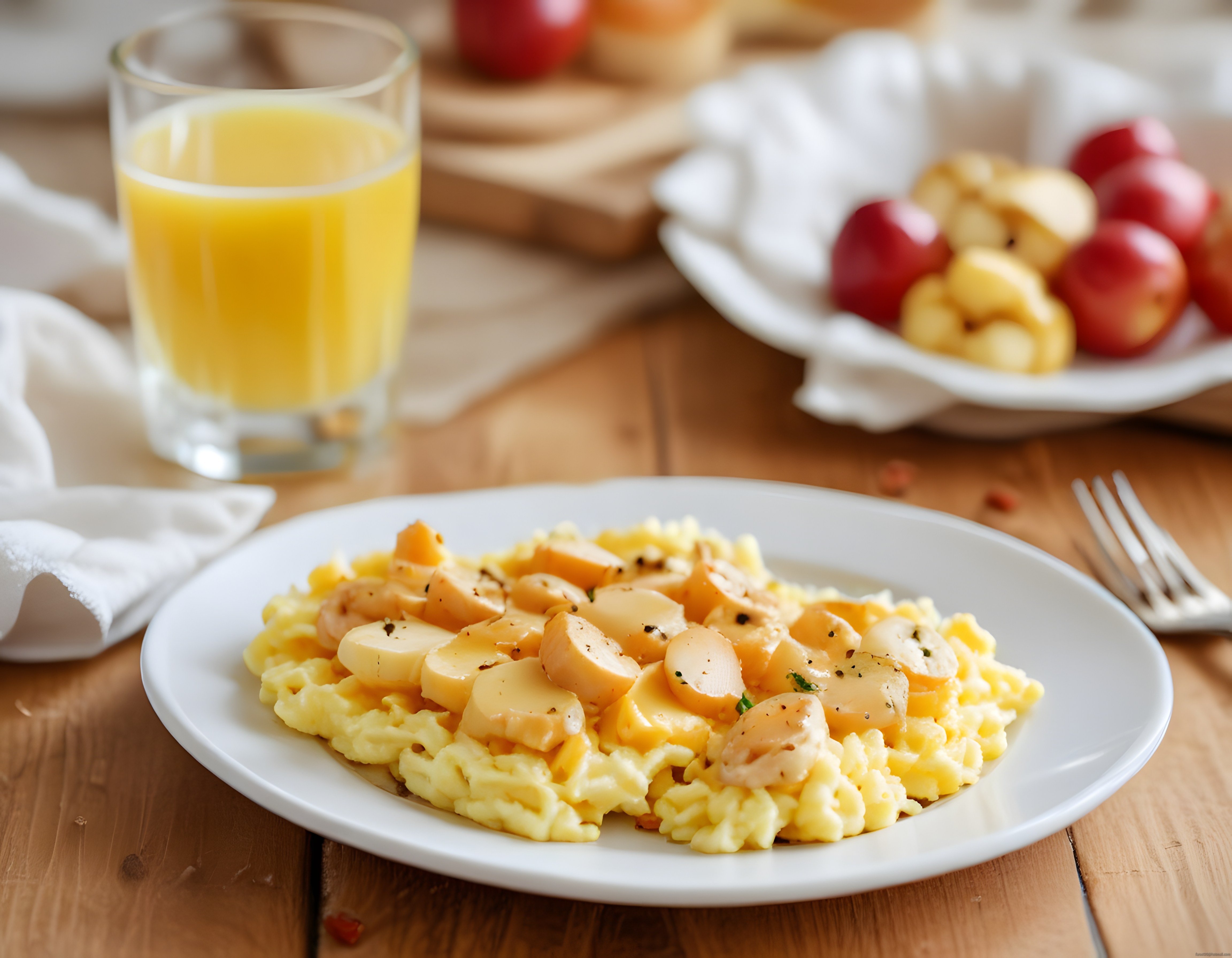 Kahvaltı Sofrasında Sosisli Peynirli Omlet ve Taze Portakal Suyu