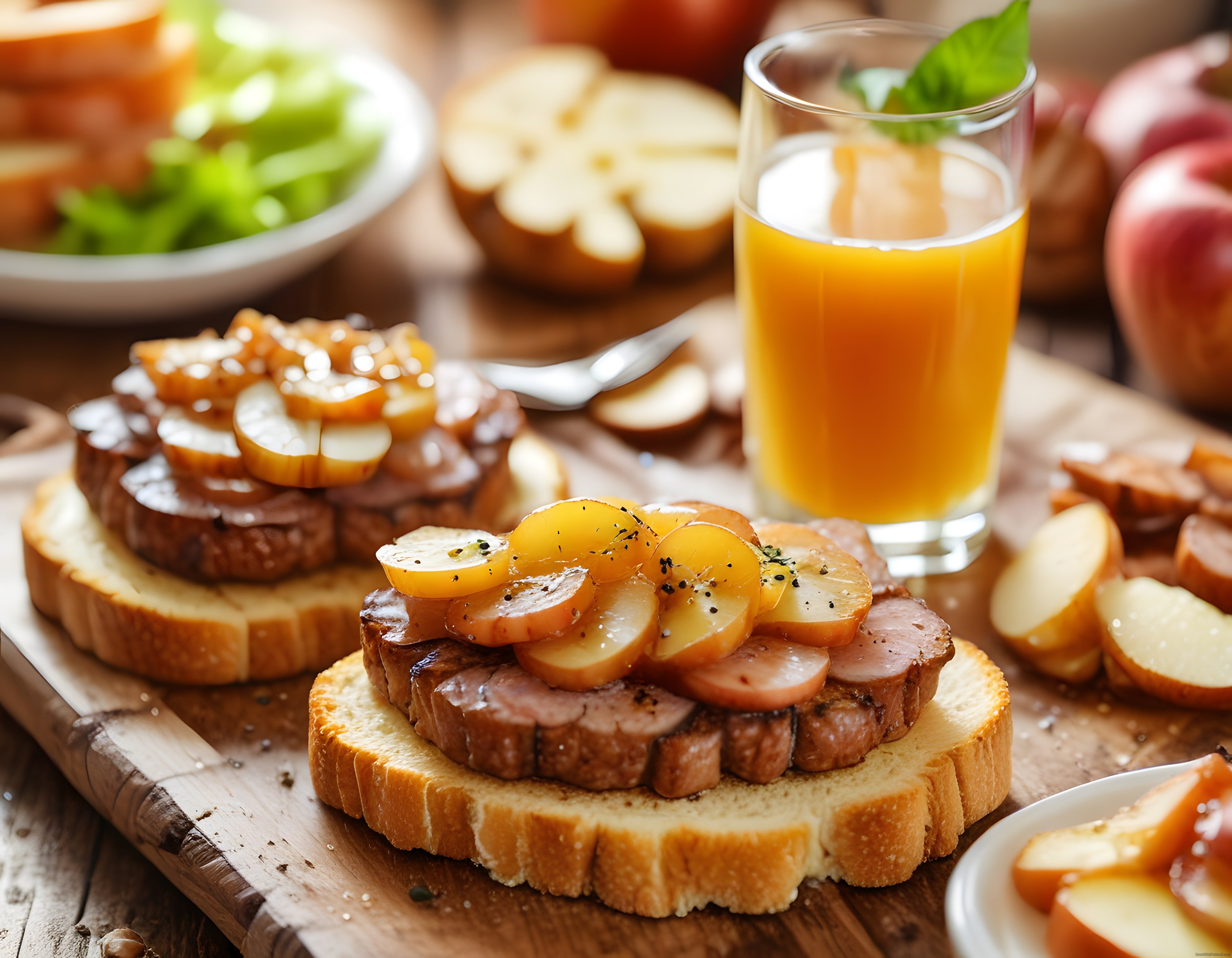 Kahvaltı Sofrasında Sucuklu Ekmek Üstü Meyve ve Taze Sıkılmış Portakal Suyu