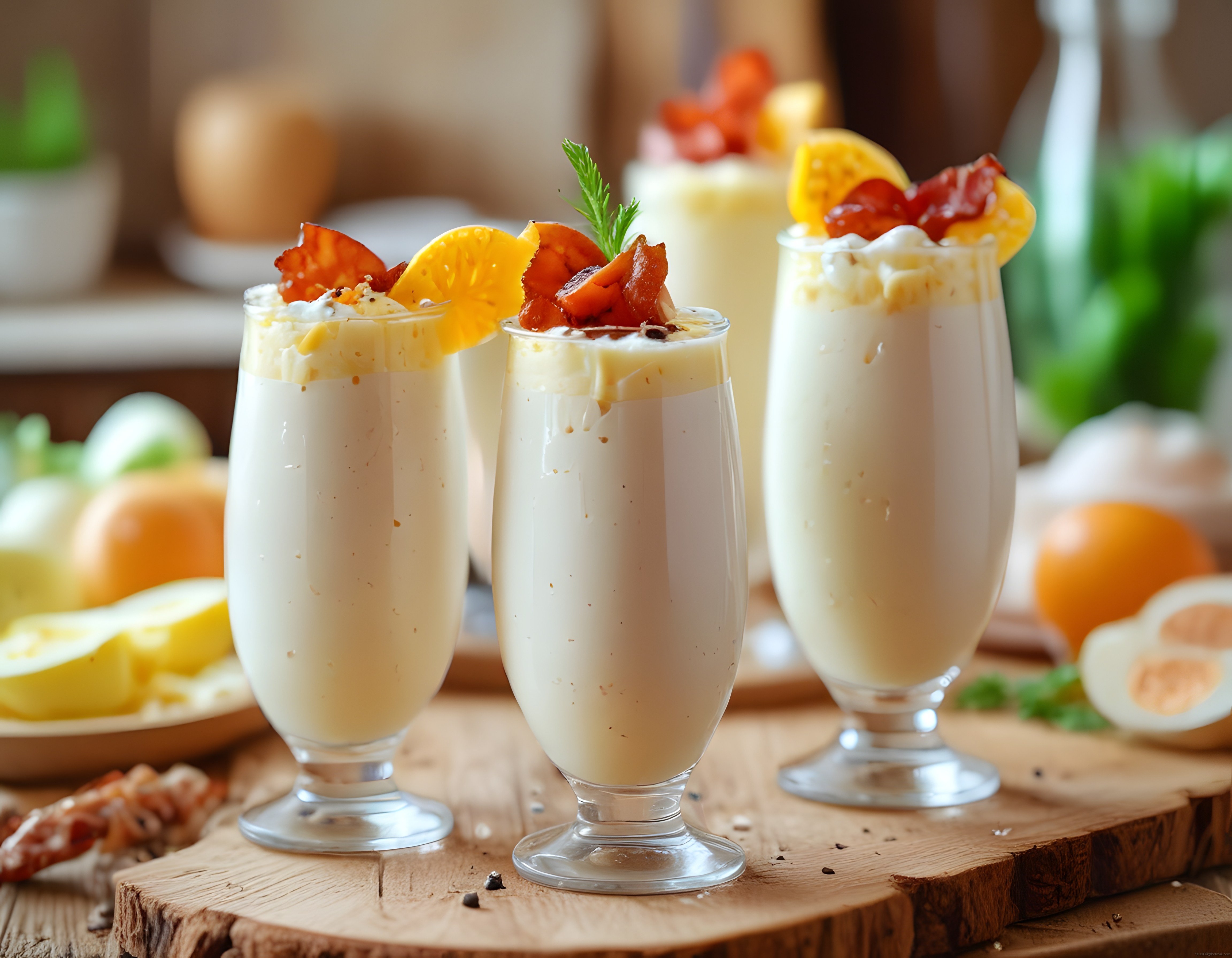 Kahvaltı Sofrasında Taze Meyve Süslemeli Kremalı Smoothie Bardakları