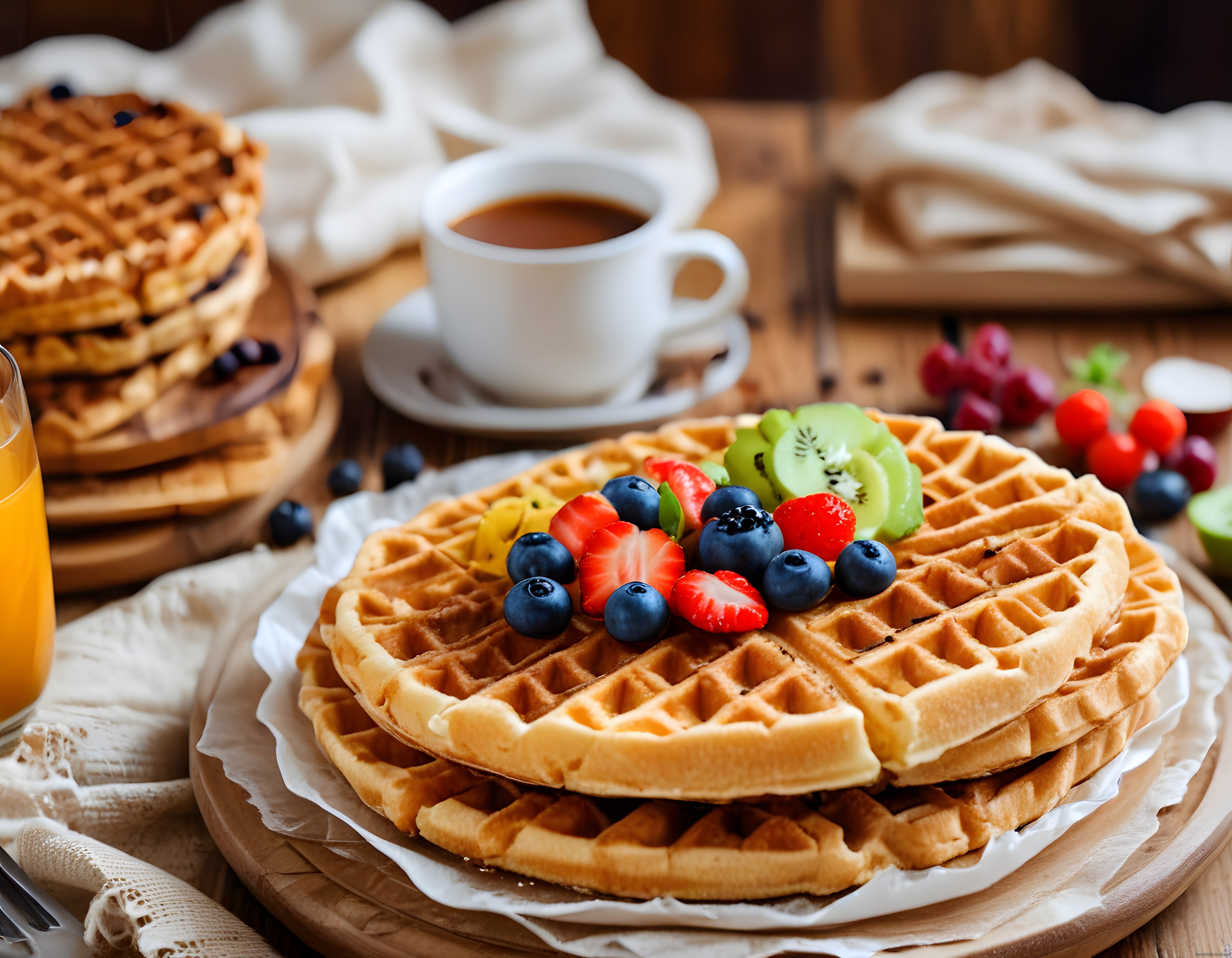 Kahvaltı Sofrasında Taze Meyveli Waffle, Portakal Suyu ve Sıcacık Kahve Keyfi