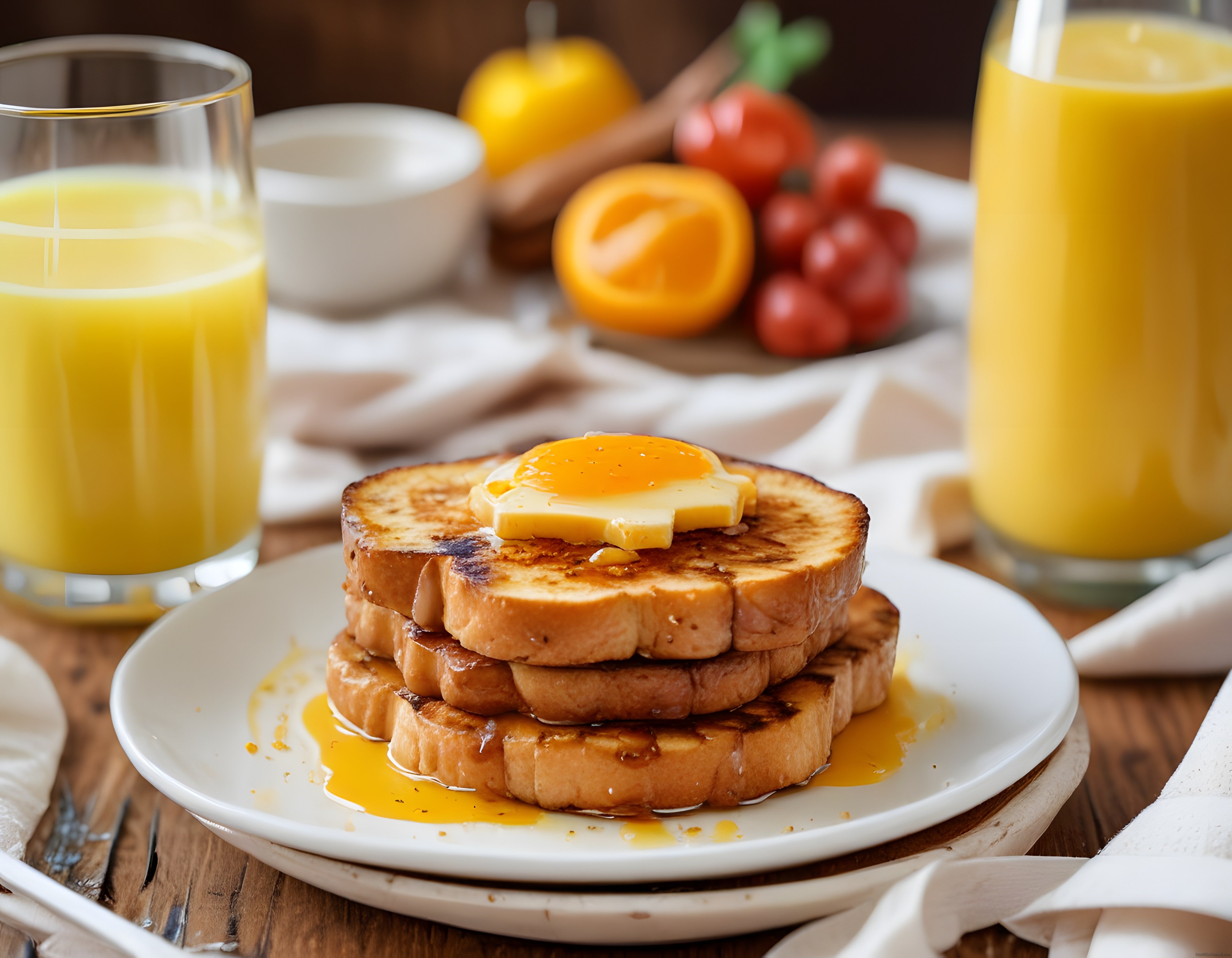 Kahvaltı Sofrasında Tereyağlı ve Şuruplu French Toast ve Portakal Suyu