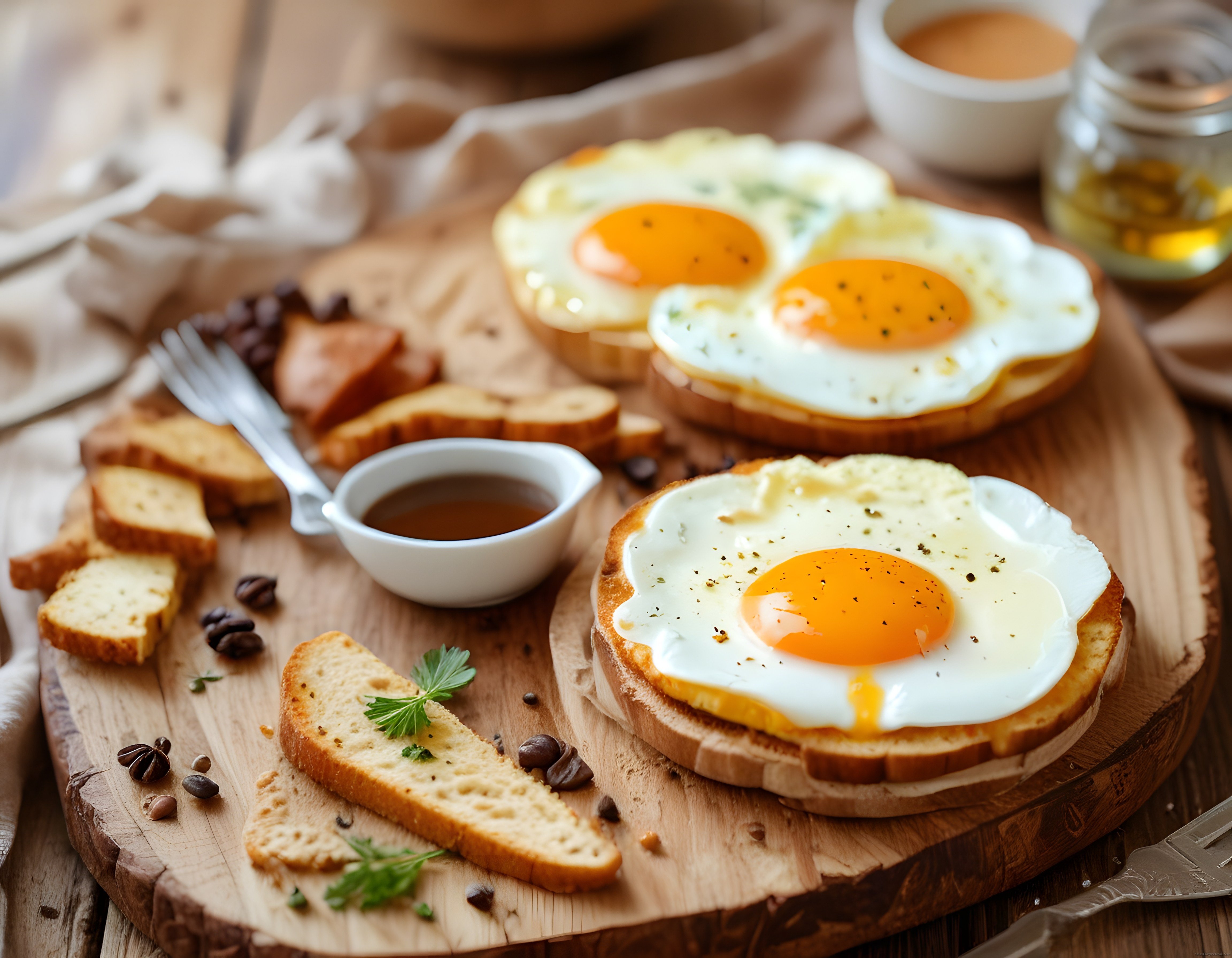 Kahvaltı sofrasında tost üzerinde güneş gözlü yumurta ve taze ekmek dilimleri