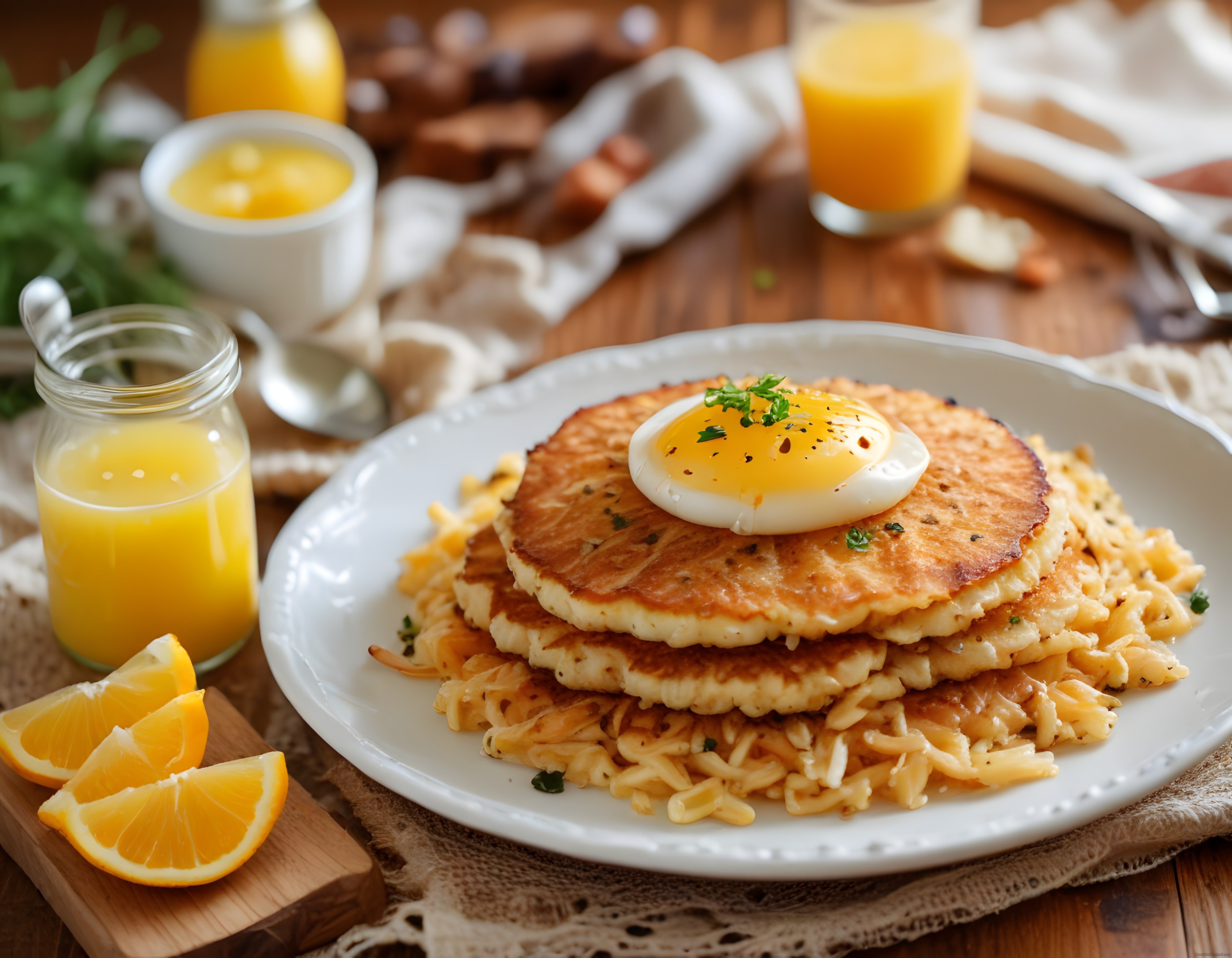 Kahvaltı Sofrasında Yumurtalı Pankek, Hash Brown ve Taze Portakal Suyu
