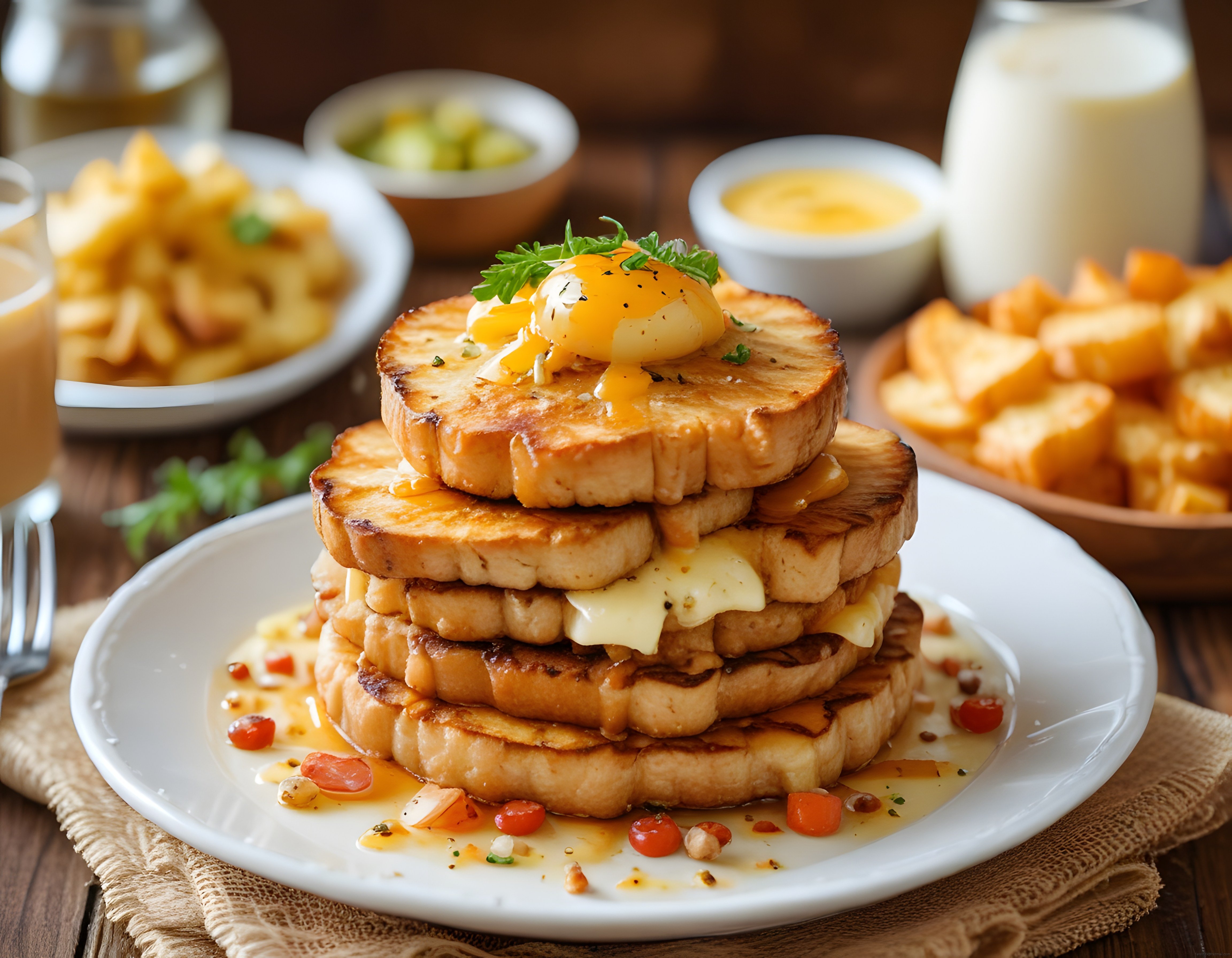Kahvaltı Sofrasında Yumurtalı ve Peynirli Tost Kulesi ile Pratik Lezzetler