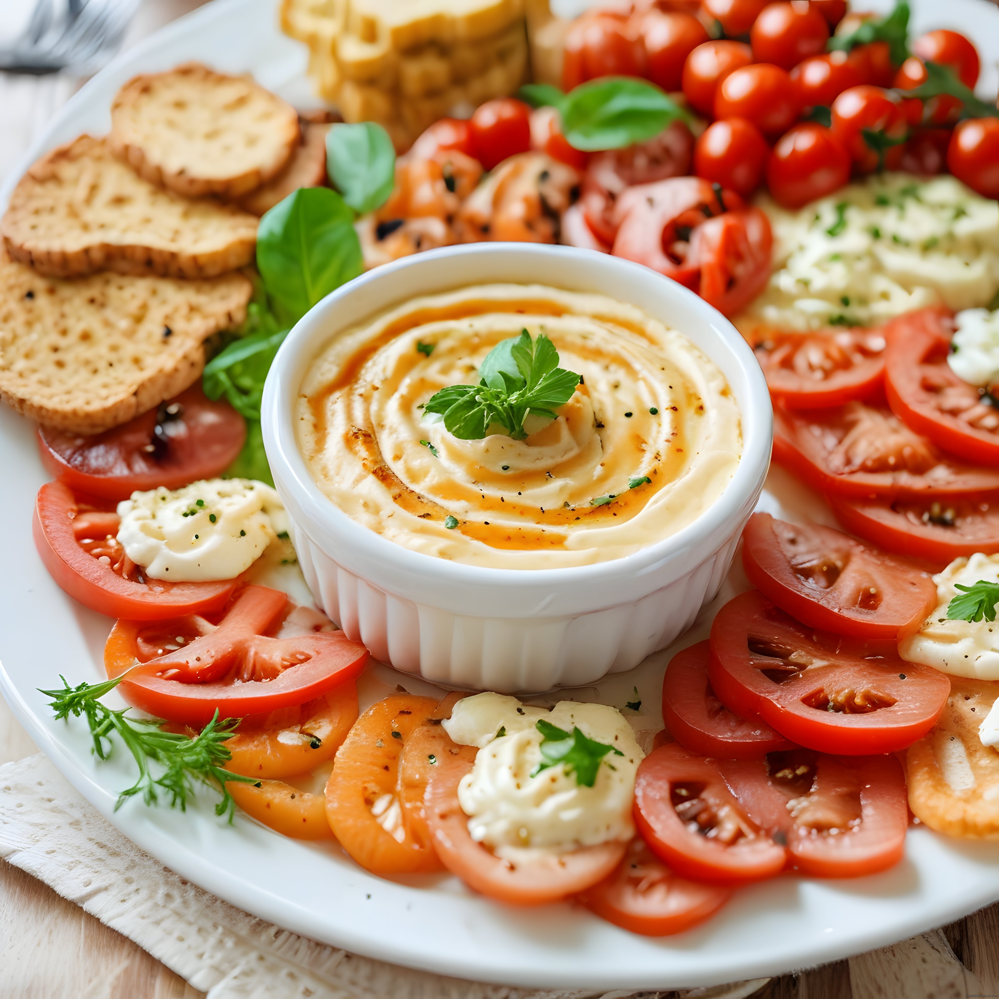 Kahvaltı Sunum Tabağı: Krem Peynir Dip, Taze Domates ve Mozzarella Eşliği