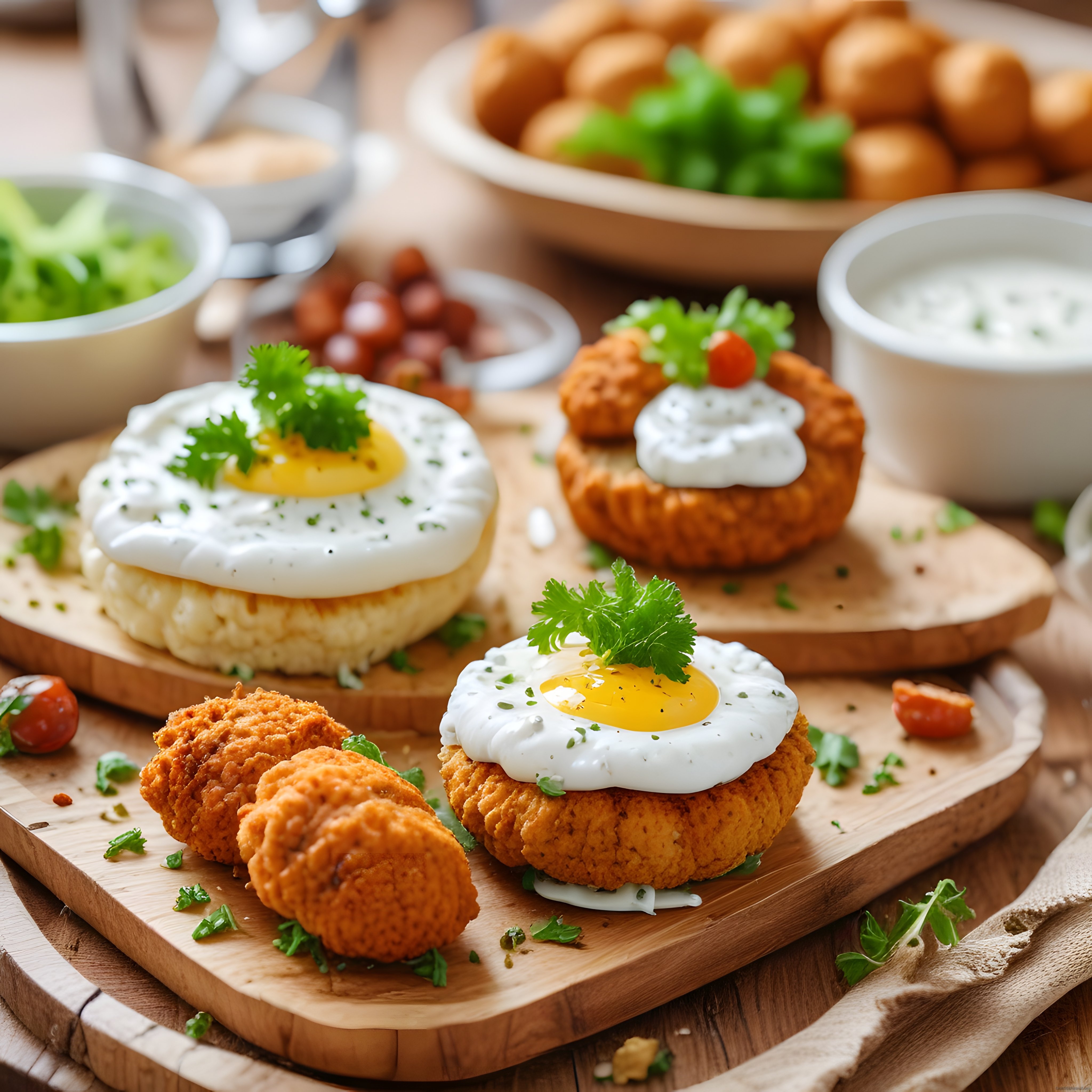 Kahvaltı Sunumunda Çıtır Kroket Üzerinde Kızarmış Yumurta ve Fresh Yeşillik