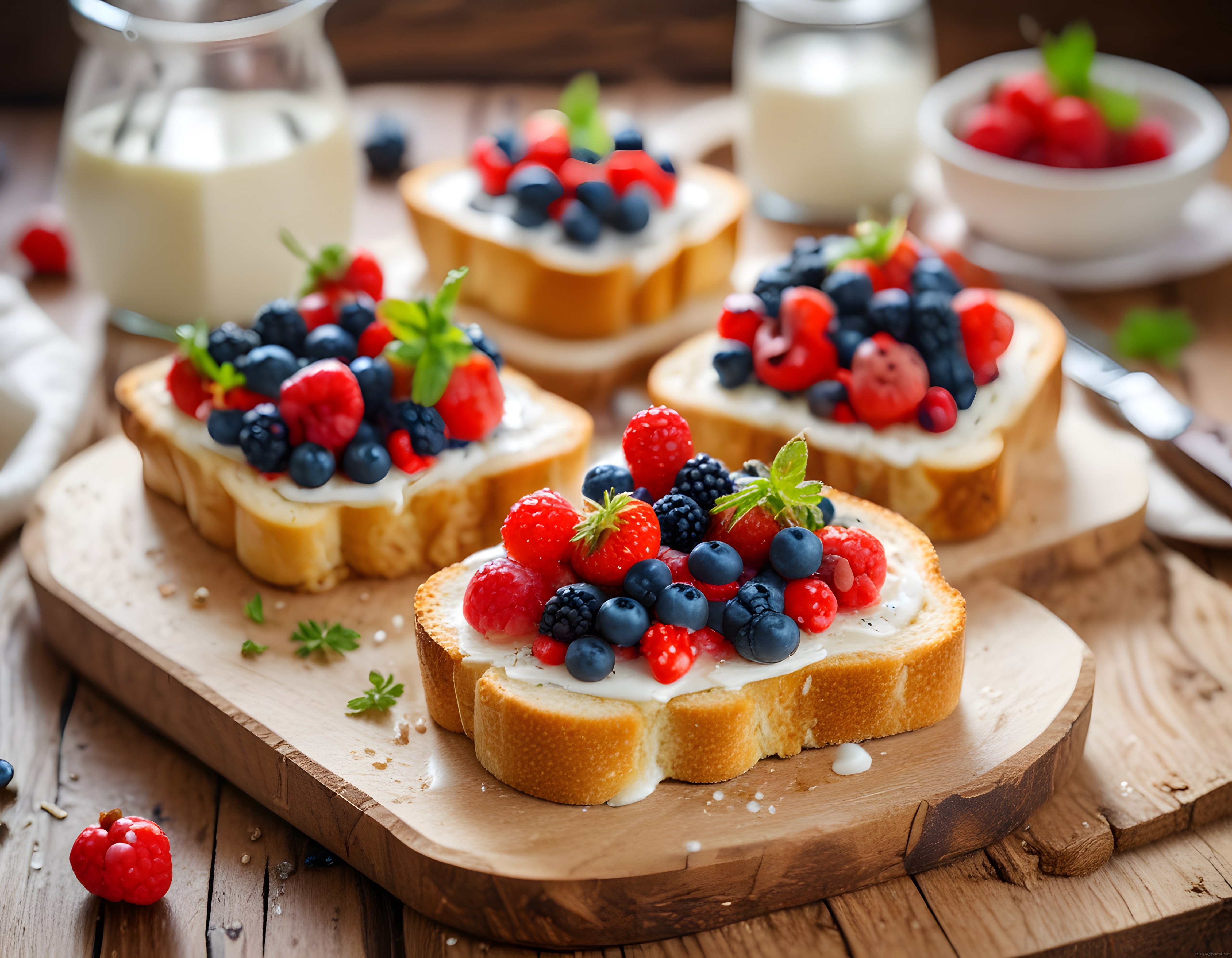 Kahvaltı Sunumunda Taze Orman Meyveli ve Krem Peynirli Ekmek Dilimleri