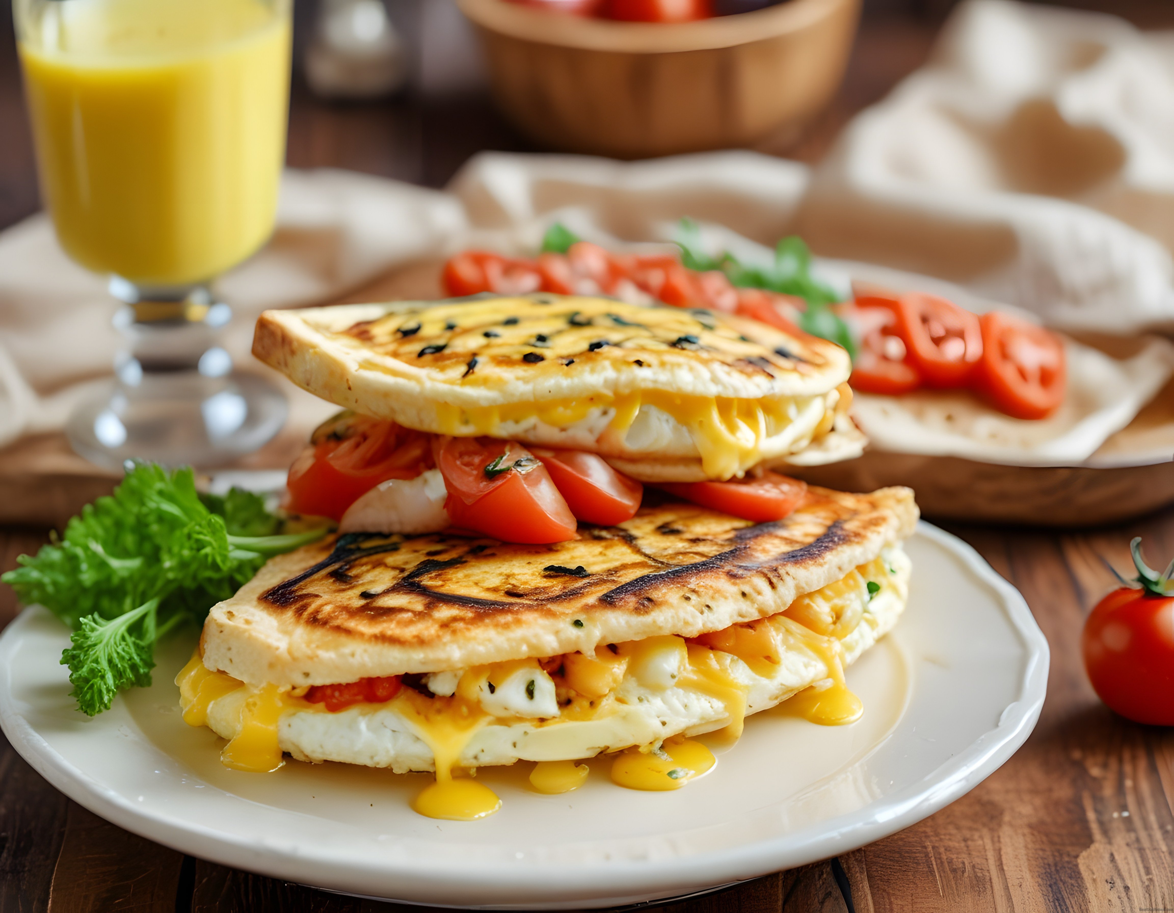 Kahvaltı Tabağında Erimiş Peynirli Sıcak Tost ve Portakal Suyu