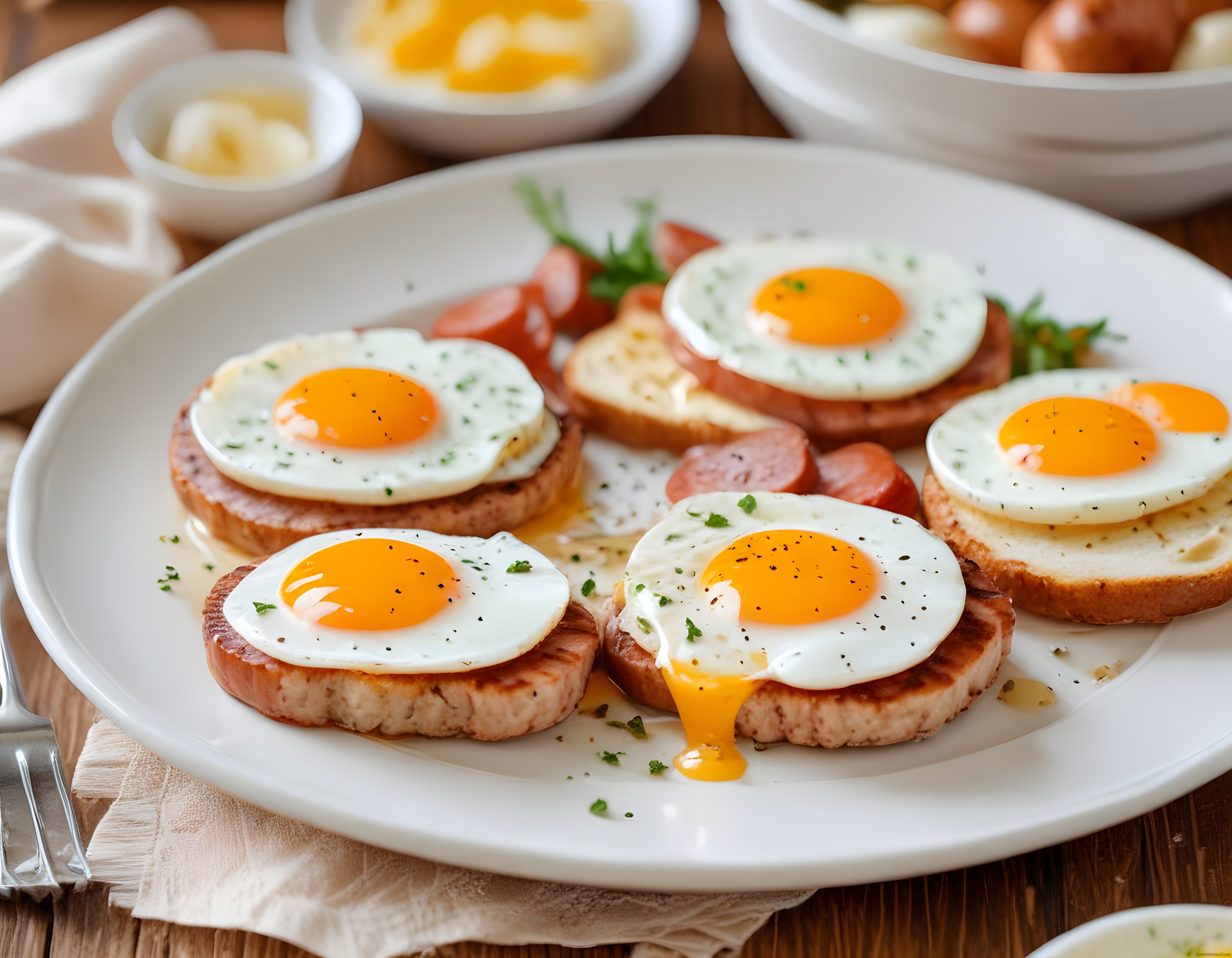 Kahvaltı Tabağında Kızarmış Ekmek Üzerine Konmuş Yumurta ve Sosis Sunumu