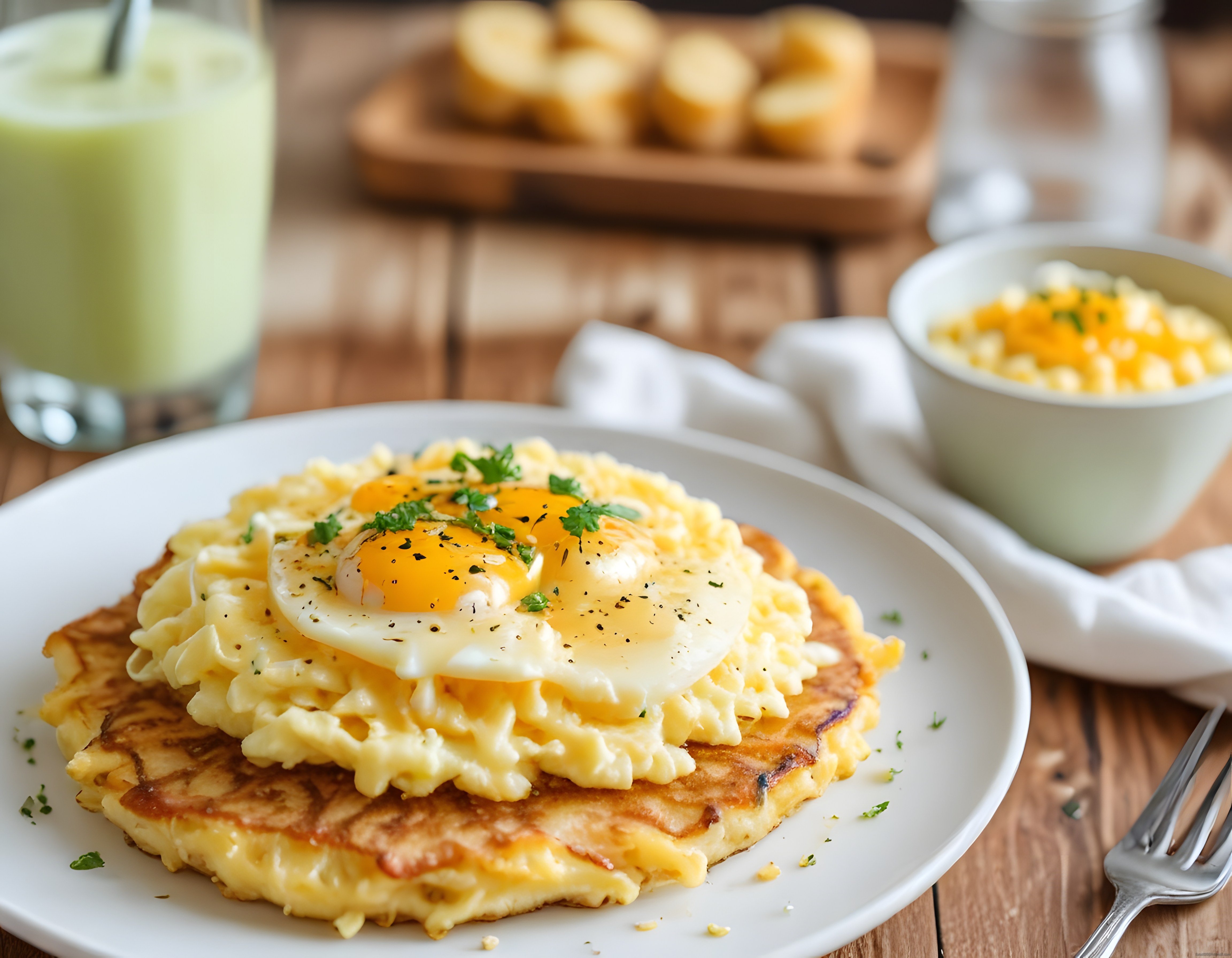 Kahvaltı Tabağında Kızarmış Pankek Üzerinde Yumurta ile Lezzetli Brunch