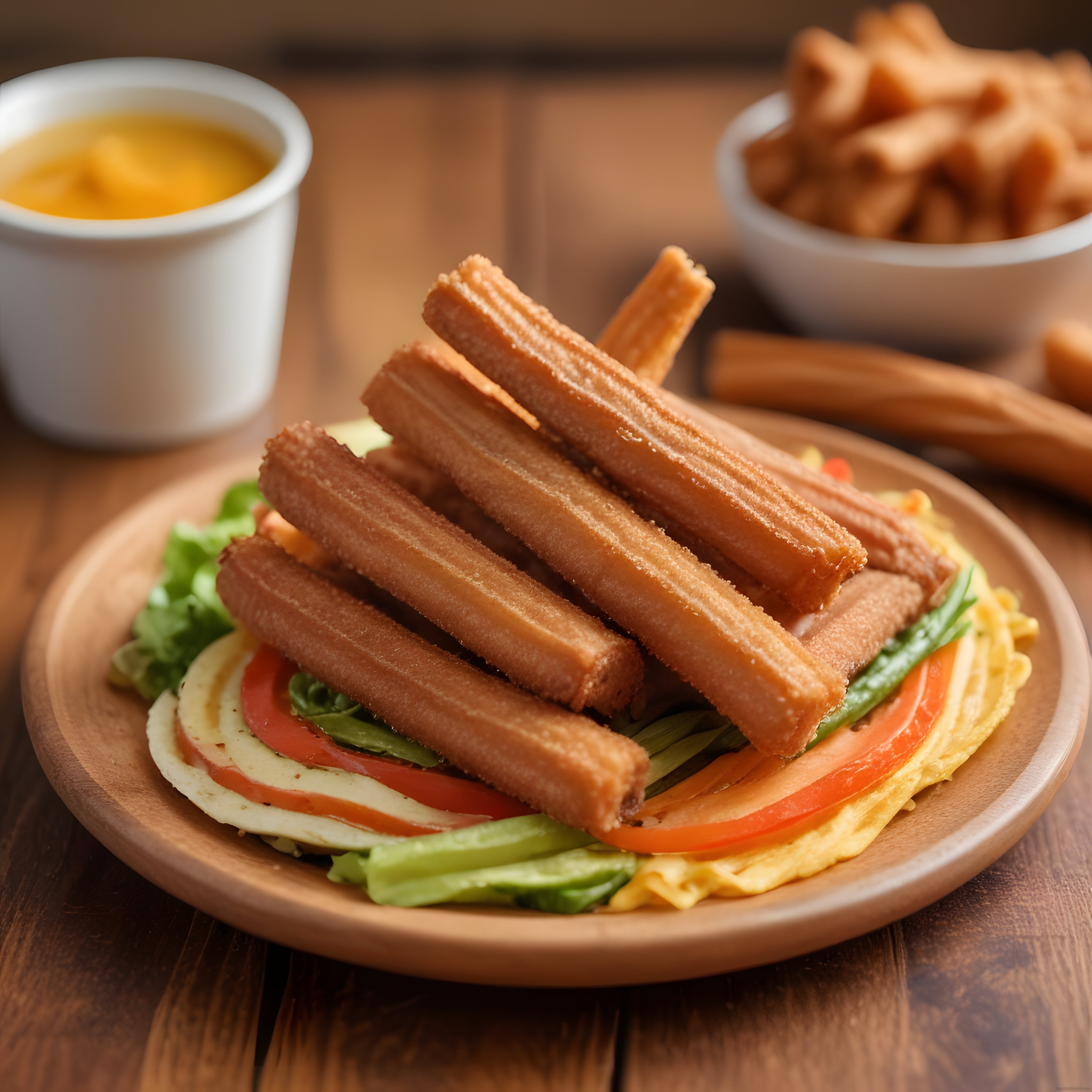 Kahvaltı tabağında omlet ve sebzeler üzerinde çıtır churro sunumu