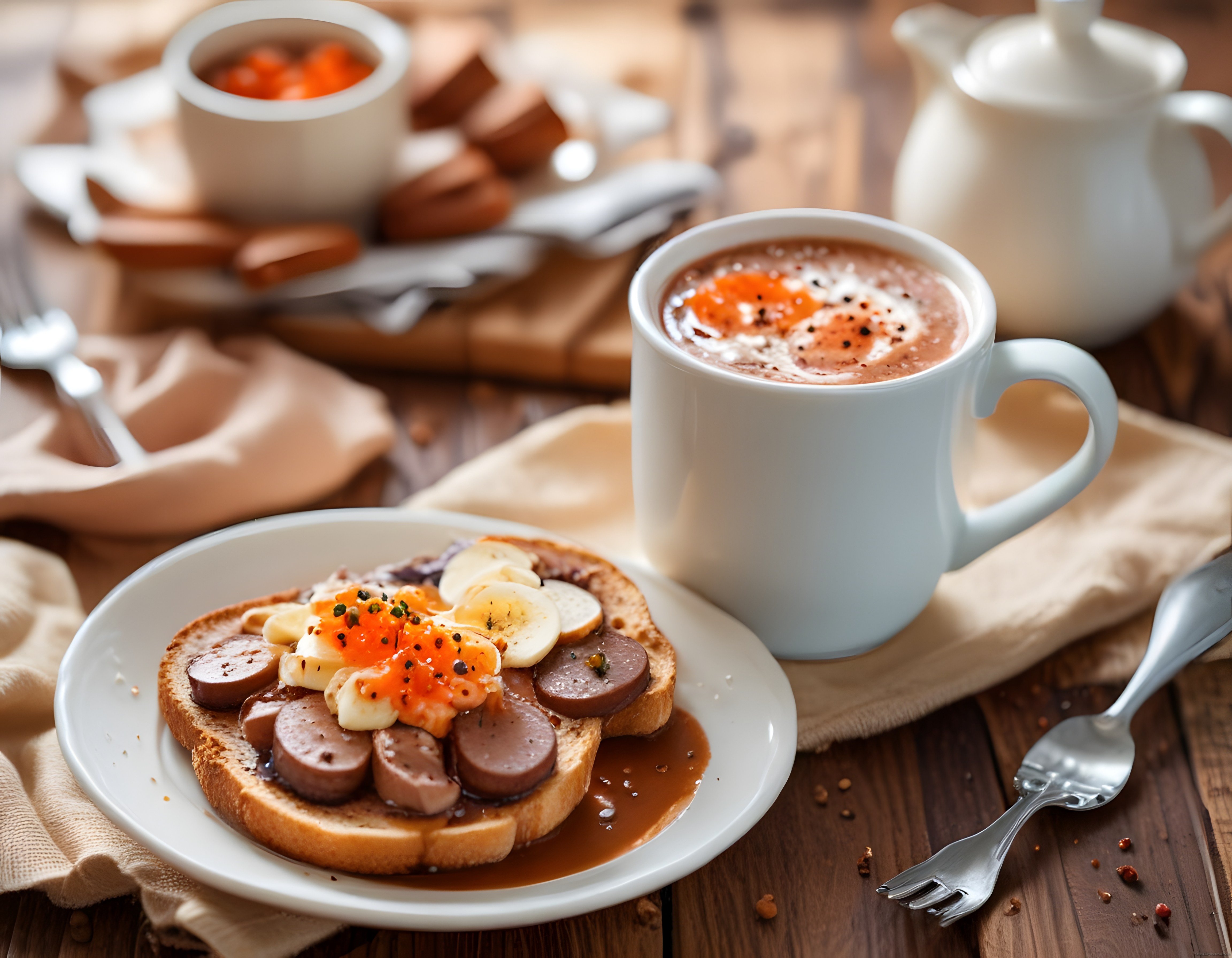 Kahvaltı Tabağında Tost Muz ve Sosis Eşliğinde Sıcak Çikolata