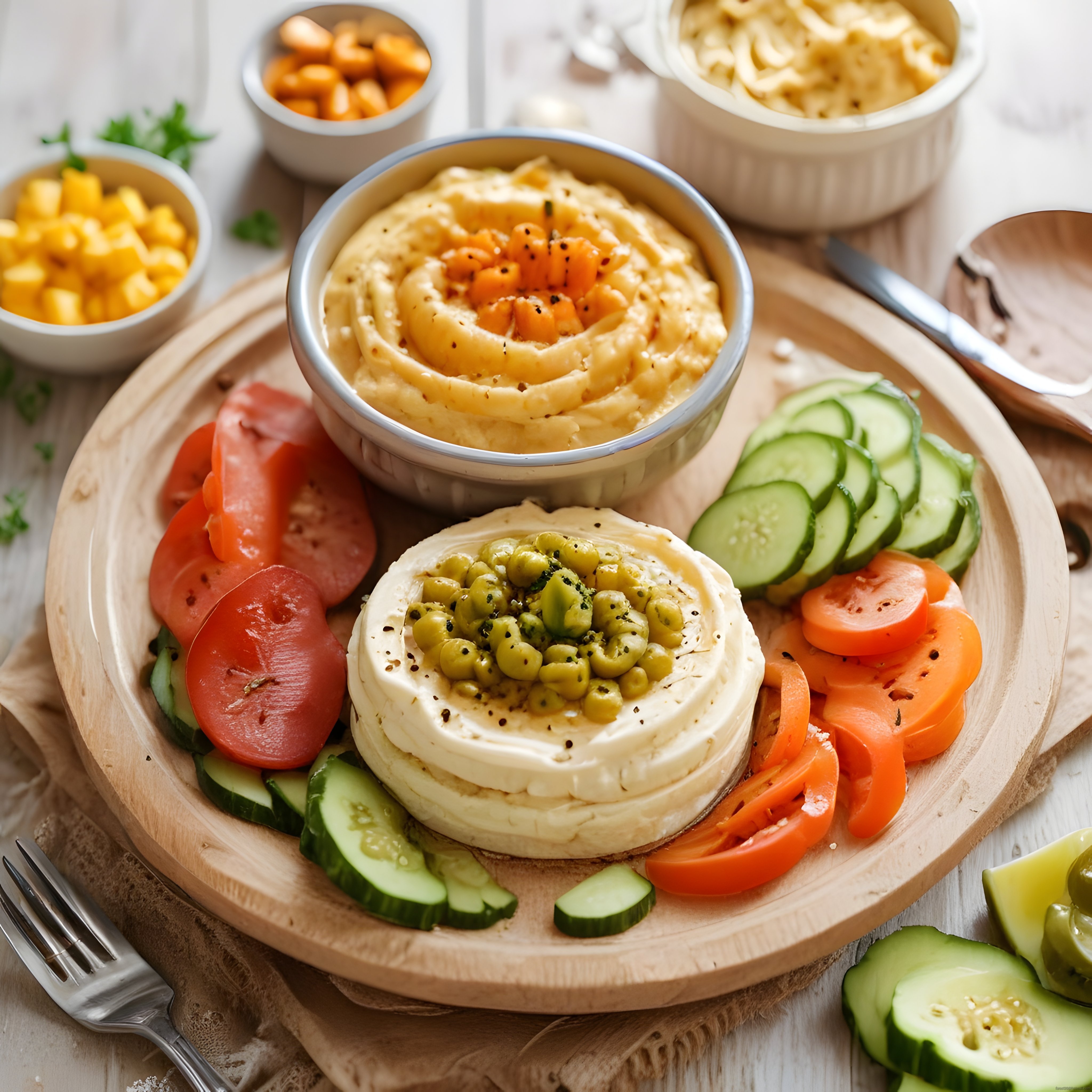 Kahvaltı ve Brunch İçin Taze Sebzeler, Humus ve Peynirli Sağlıklı Sunum Tabağı