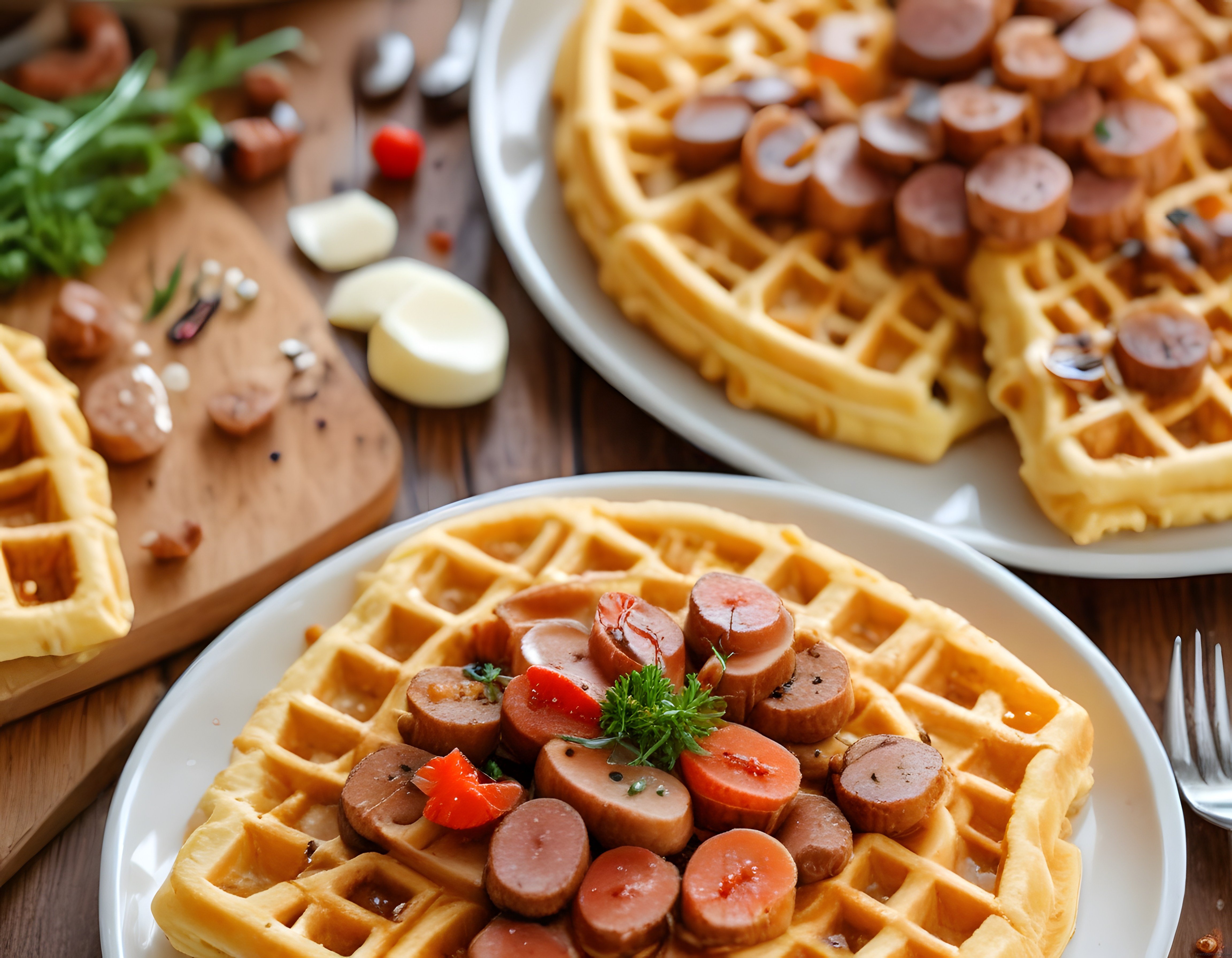 Kahvaltıda Çıtır Waffle ve Baharatlı Sosis Dilimleriyle Lezzetli Sunum