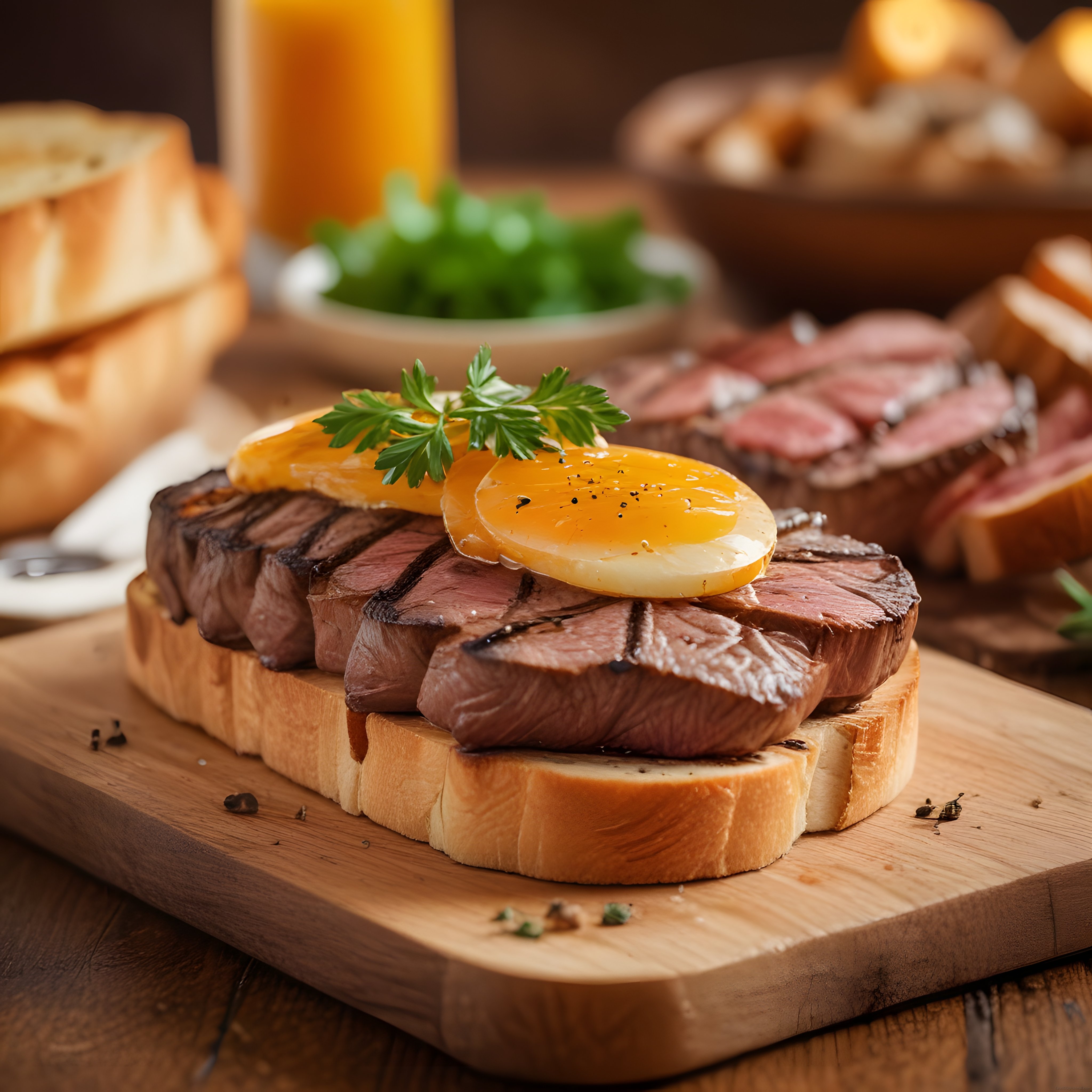 Kahvaltılık Biftek ve Yumurta ile Kızarmış Ekmek Üzerinde Nefis Sunum