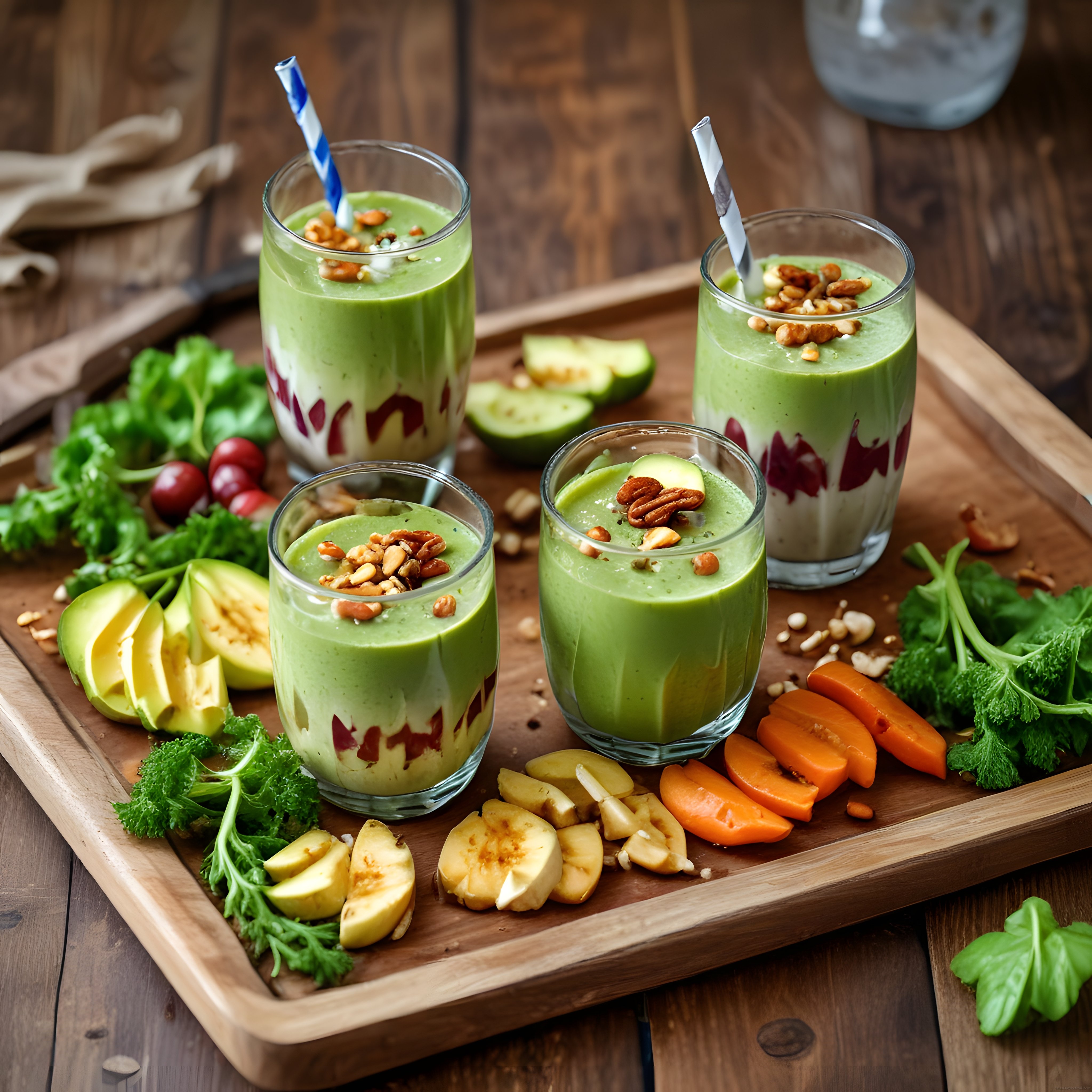 Kahvaltılık Enerji Veren Avokadolu Yeşil Smoothie ve Doğal Meyveli Sunum