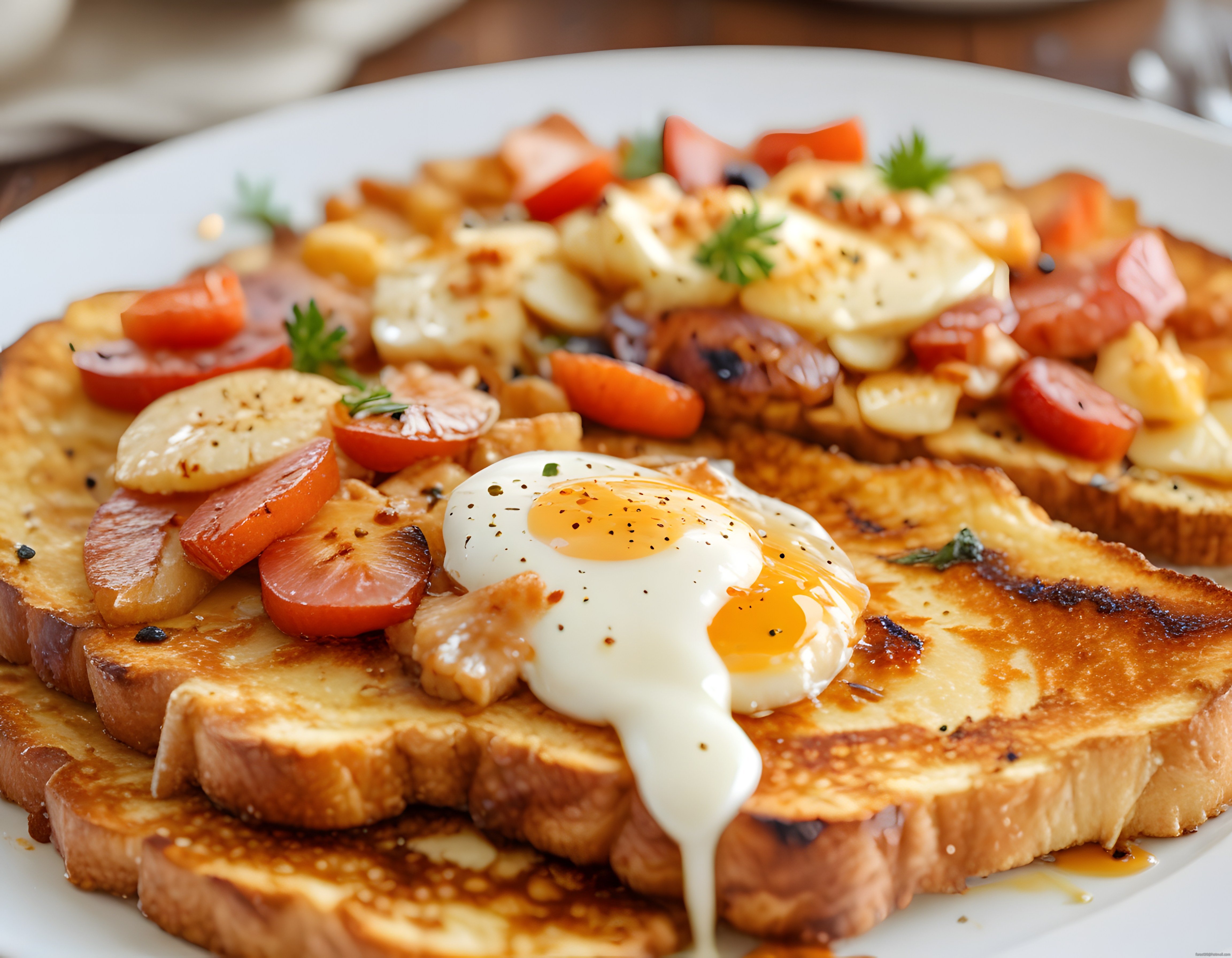 Kahvaltılık French Toast Üzerinde Poşe Yumurta ve Sebze Sote Tabağı
