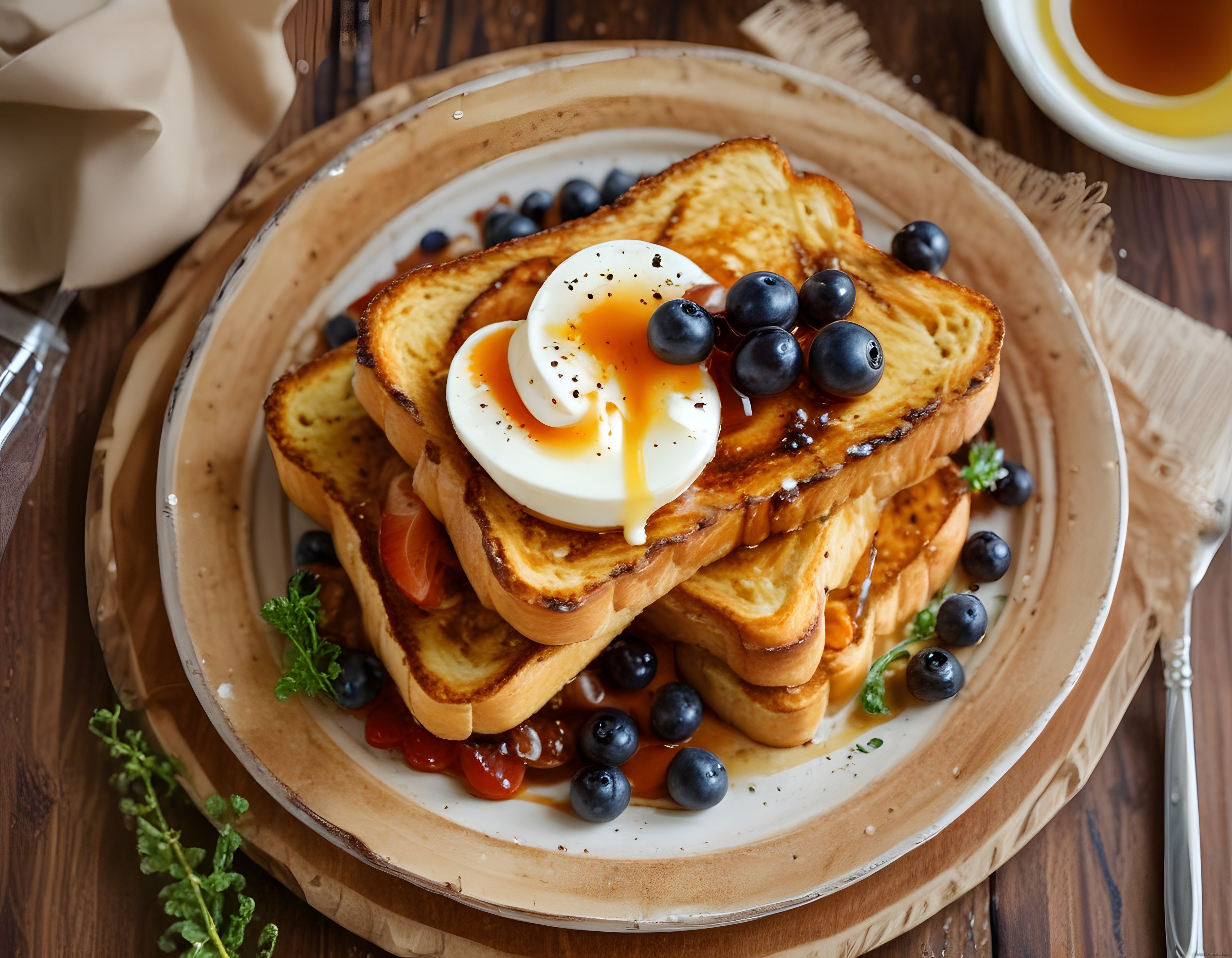 Kahvaltılık French Toast ve Üzerinde Akışkan Yumurta ile Yaban Mersini