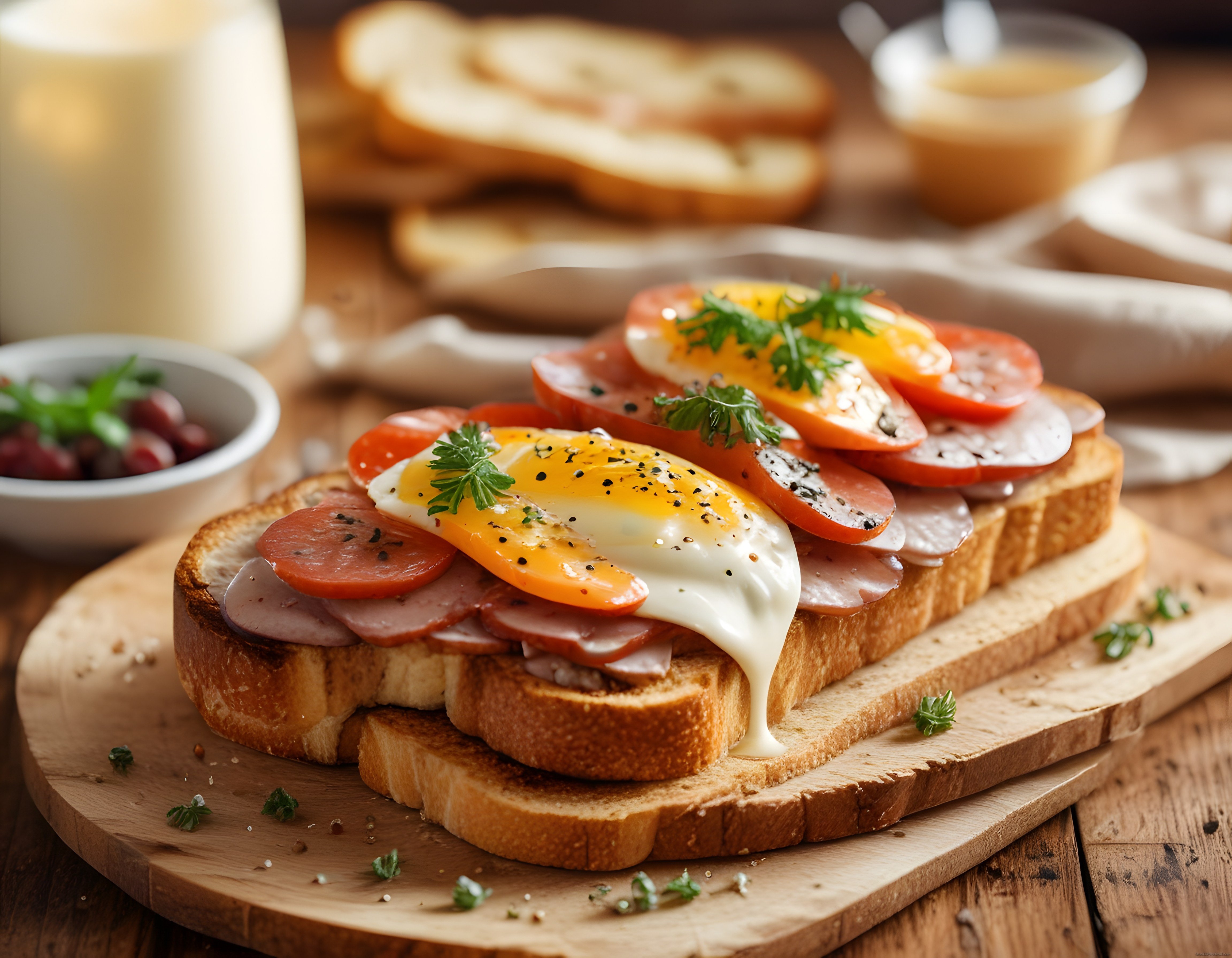 Kahvaltılık Kızarmış Ekmek Üzerinde Domates ve Salam ile Nefis Brunch Tabağı