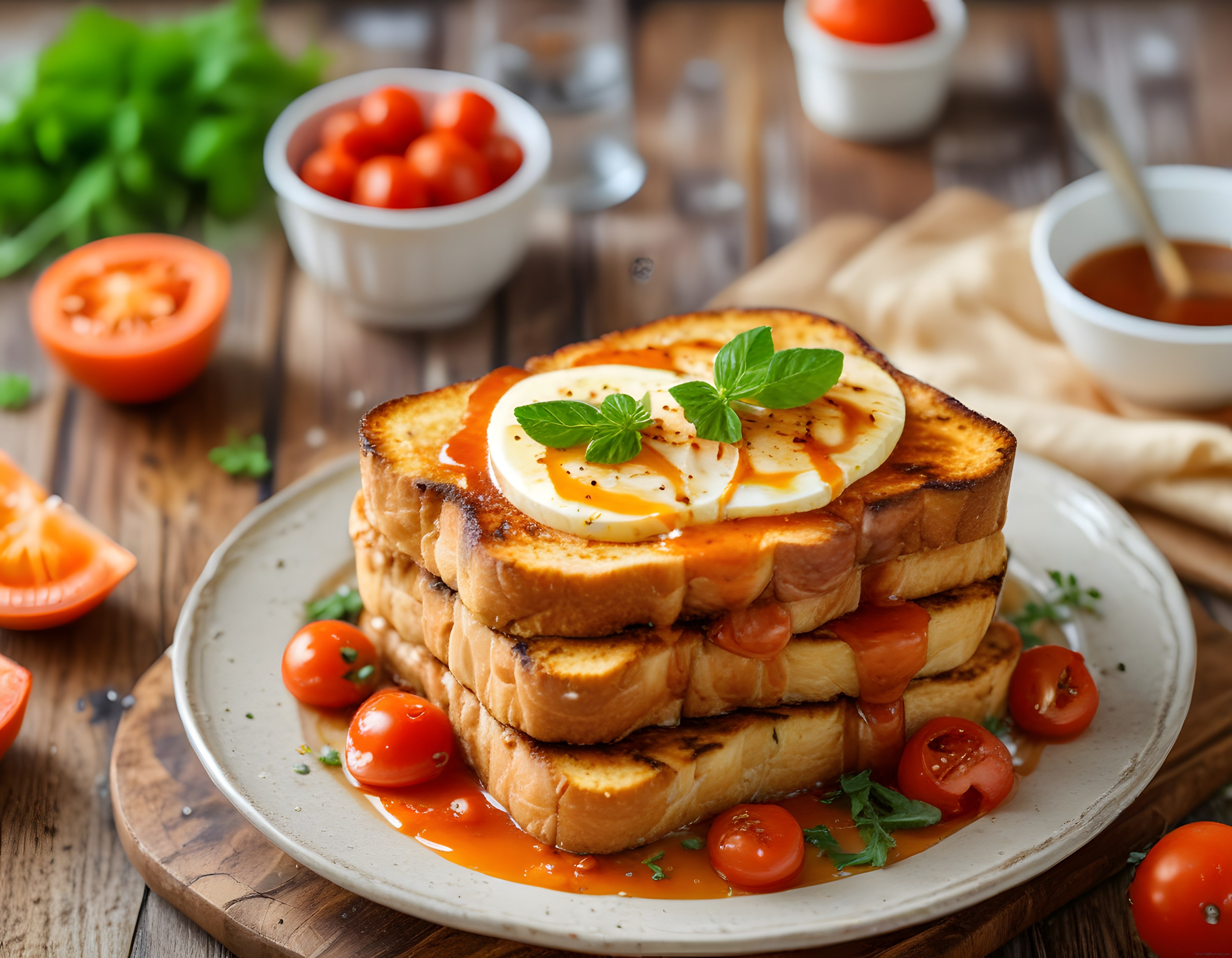 Kahvaltılık Kızarmış Ekmek Üzerinde Peynir ve Domatesli Sıcak Tost