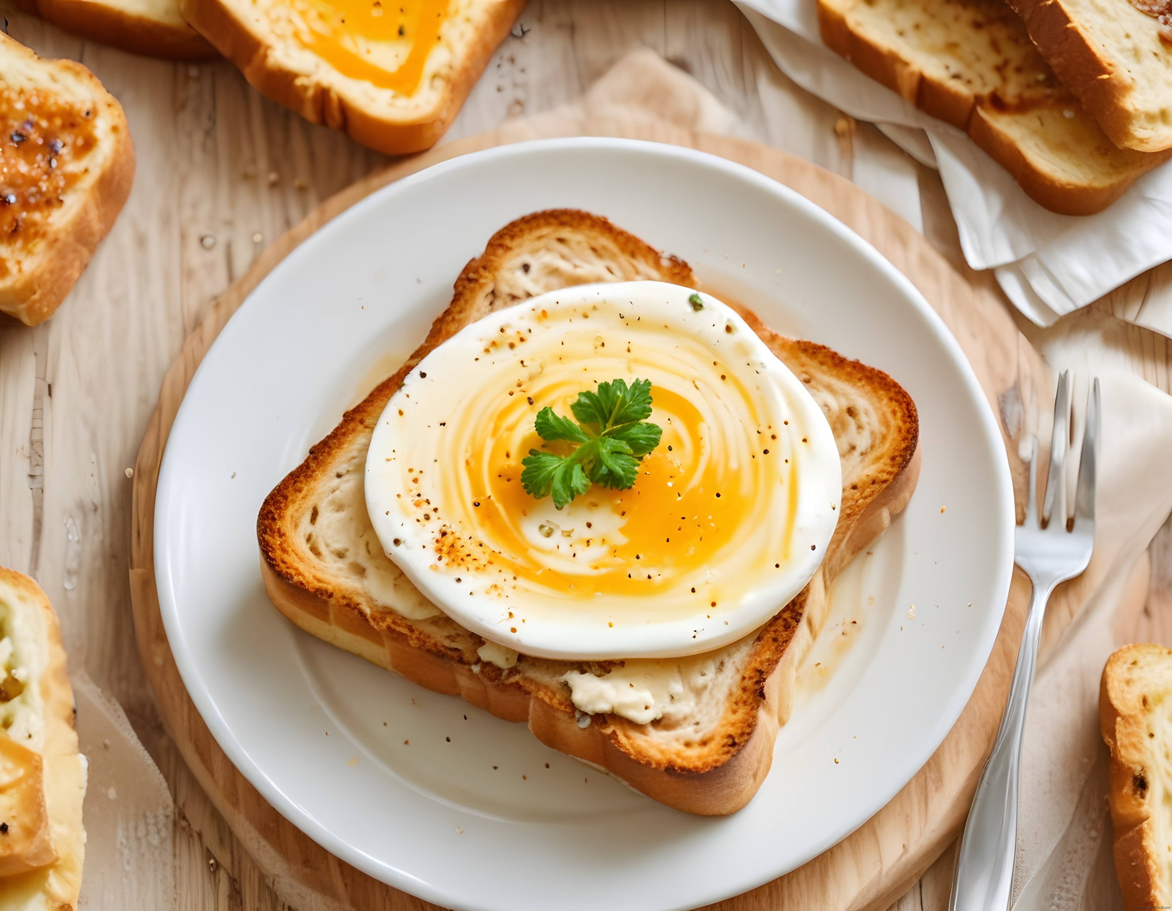 Kahvaltılık Kızarmış Tost Üzerinde Soslu Yumurta ve Ekmek Dilimleri