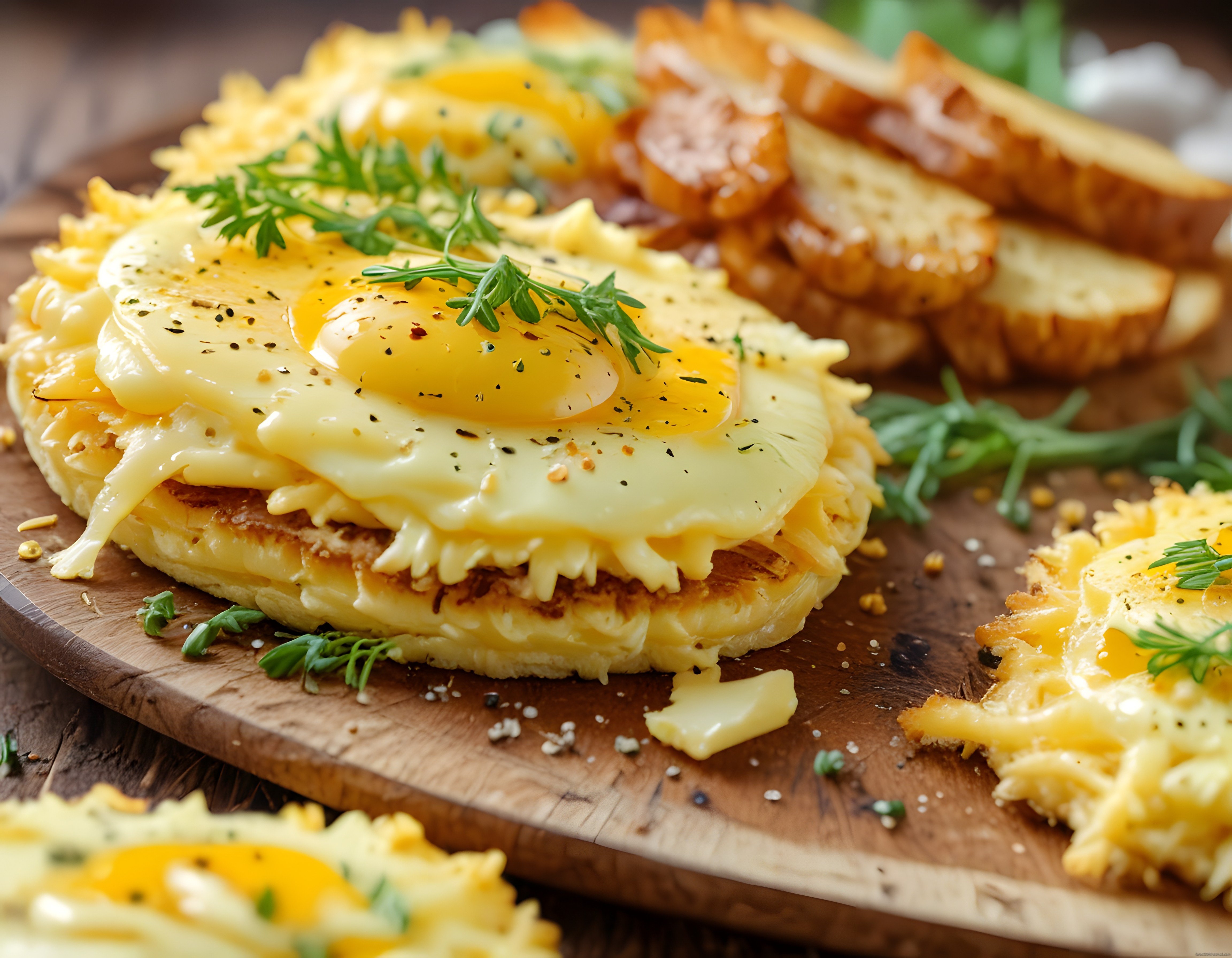 Kahvaltılık Peynirli Yumurtalı Açık Tost ve Taze Yeşilliklerle Rustik Sunum