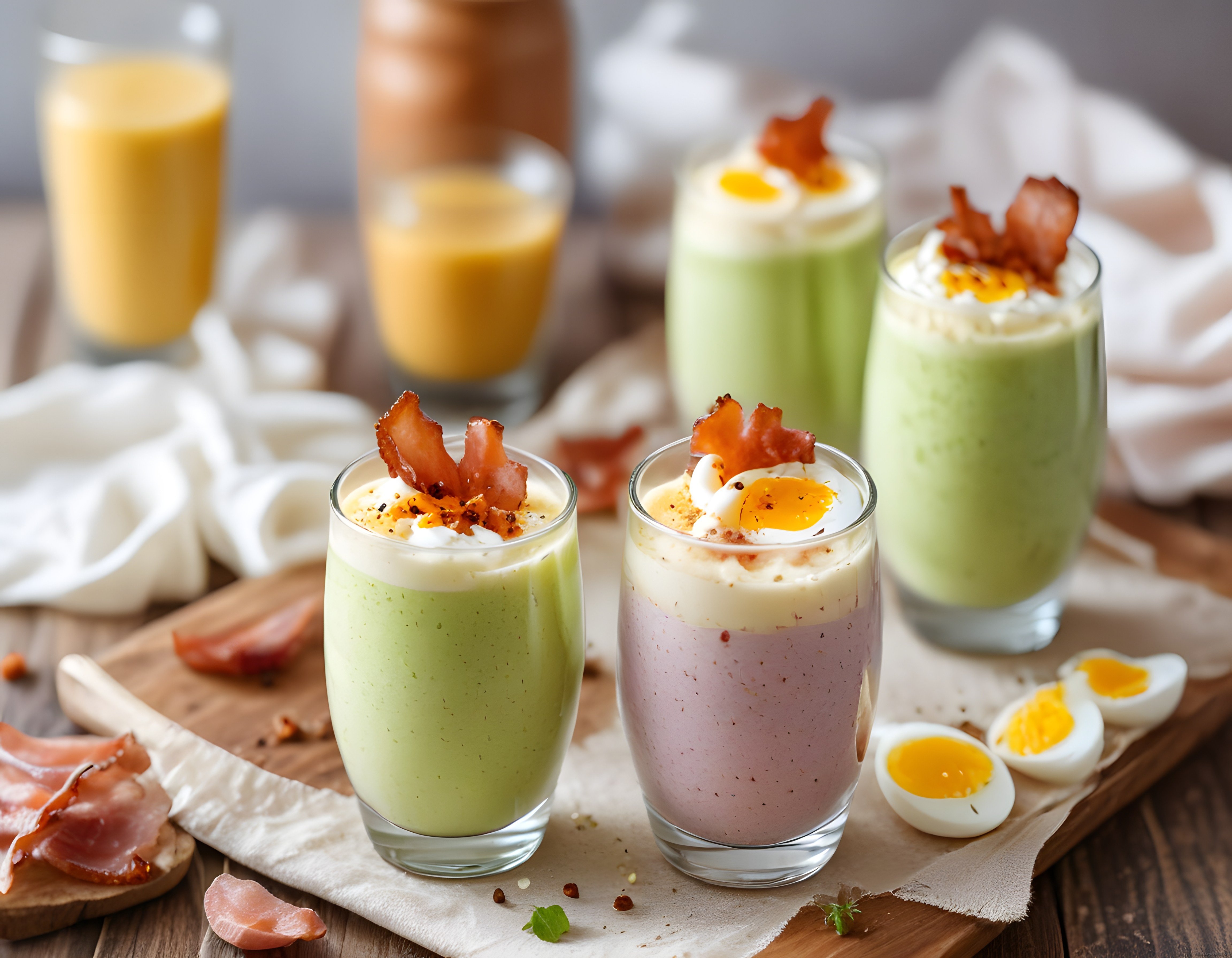 Kahvaltılık Smoothie Sunumu: Avokadolu Yeşil ve Böğürtlenli Mor Bardaklar