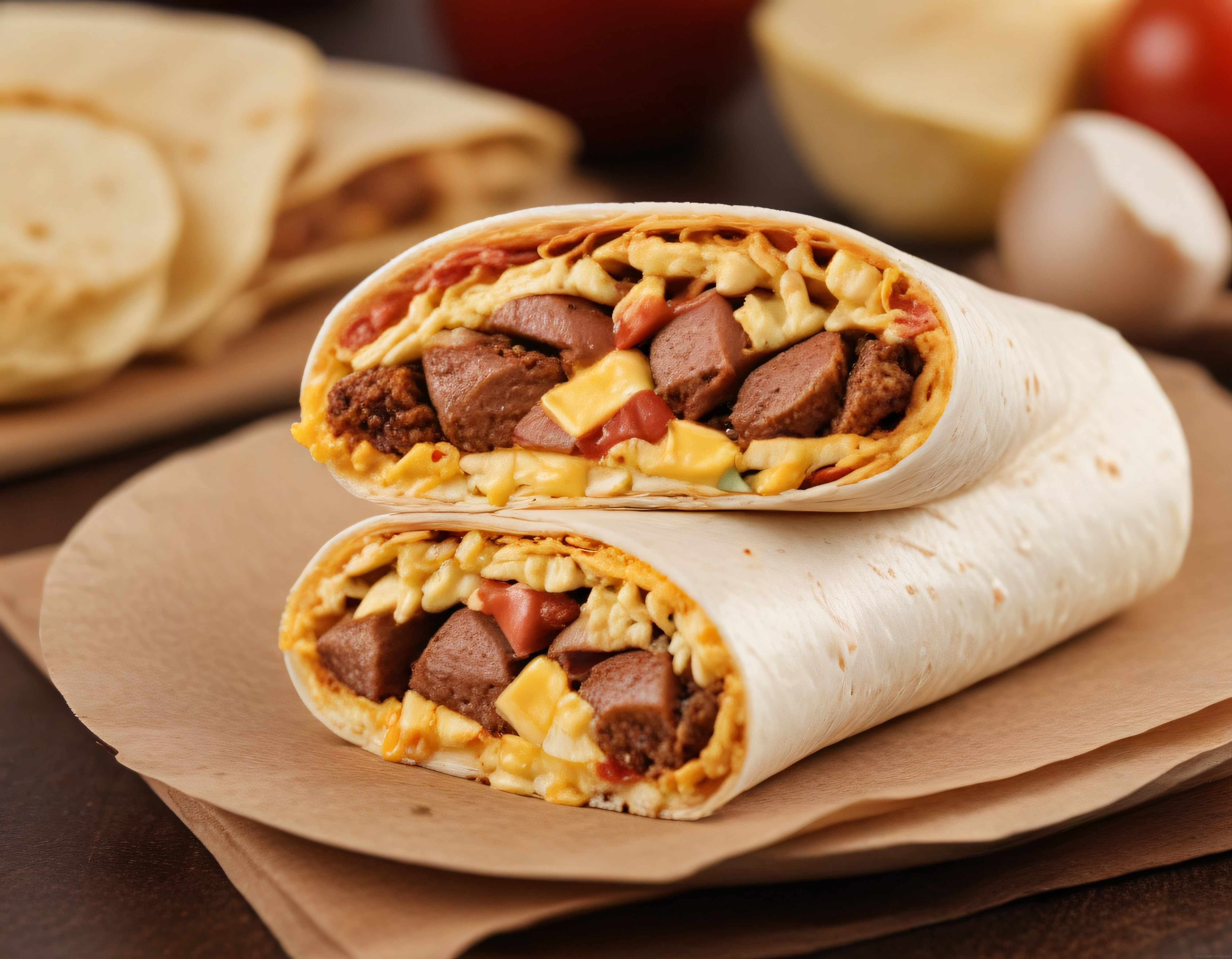 Kahvaltılık Sosisli Yumurtalı Peynirli Wrap ve Patates Kızartması