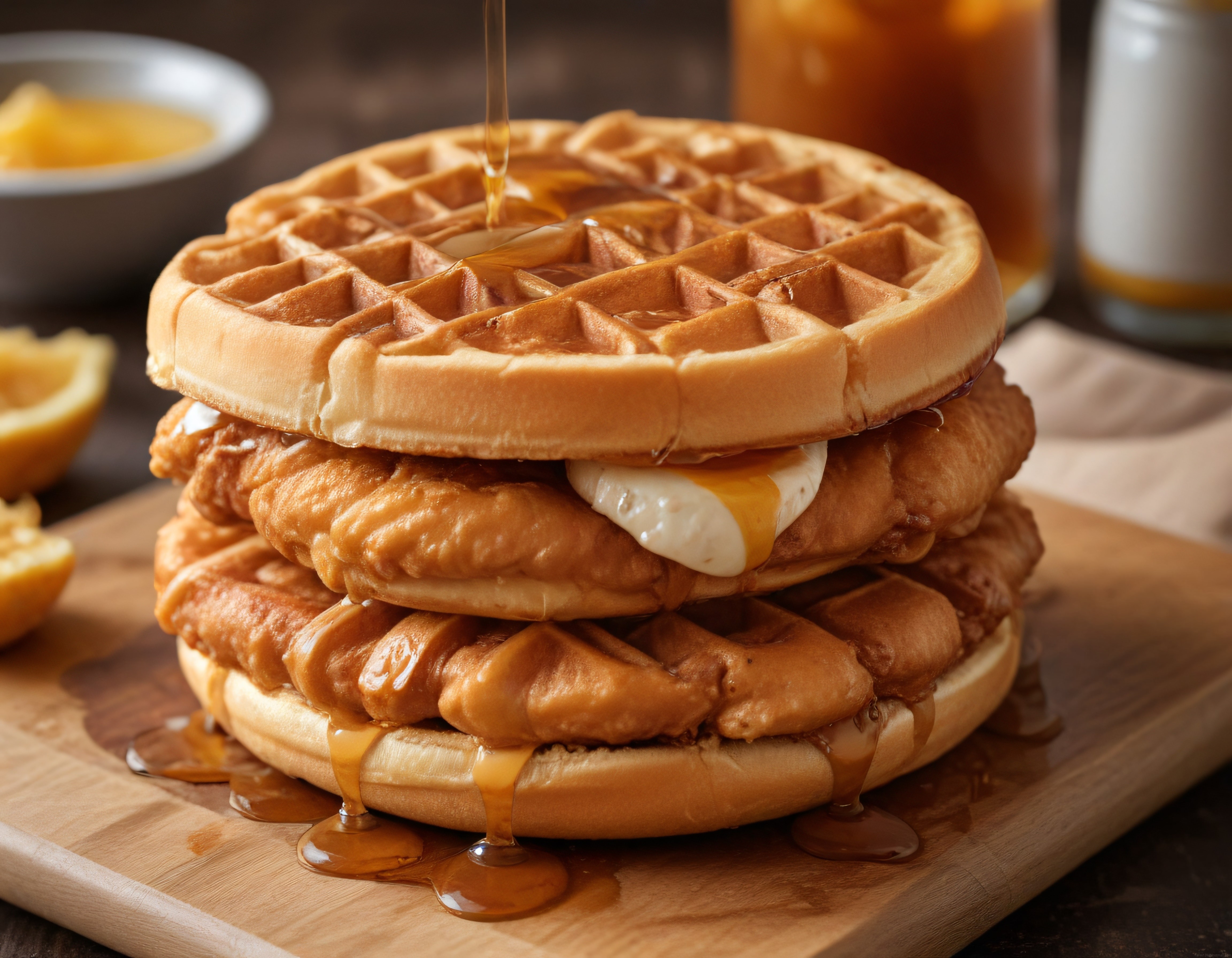 Kahvaltılık Tavuklu Waffle Sandviç: Altın Gibi Kızarmış ve Şurup Dökülen Lezzet