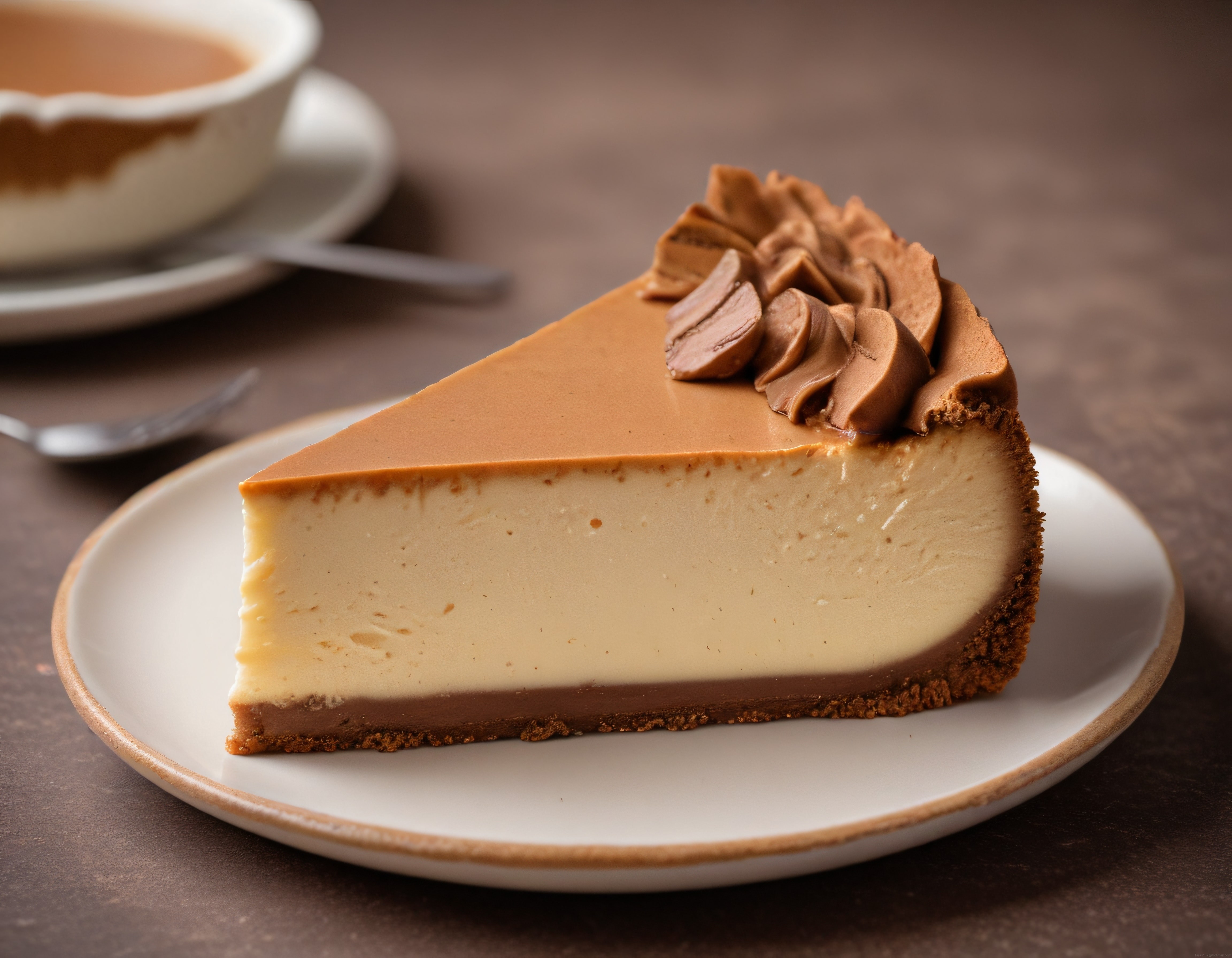 Kahve Eşliğinde Çikolata Süslemeli Karamelli Cheesecake Dilimi