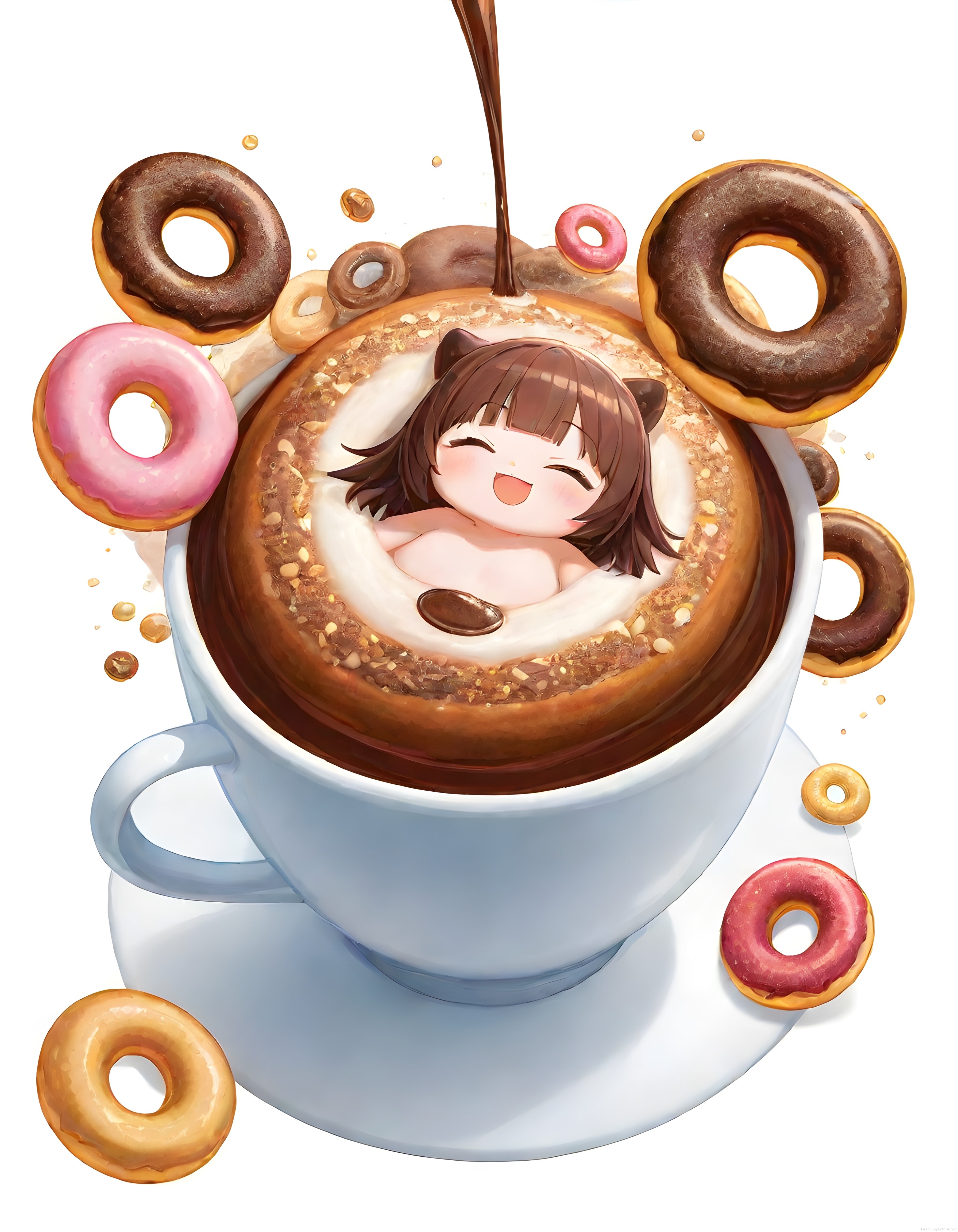 Kahve Fincanında Banyo Yapan Sevimli Anime Kız ve Uçan Donutlar Dijital Çizim
