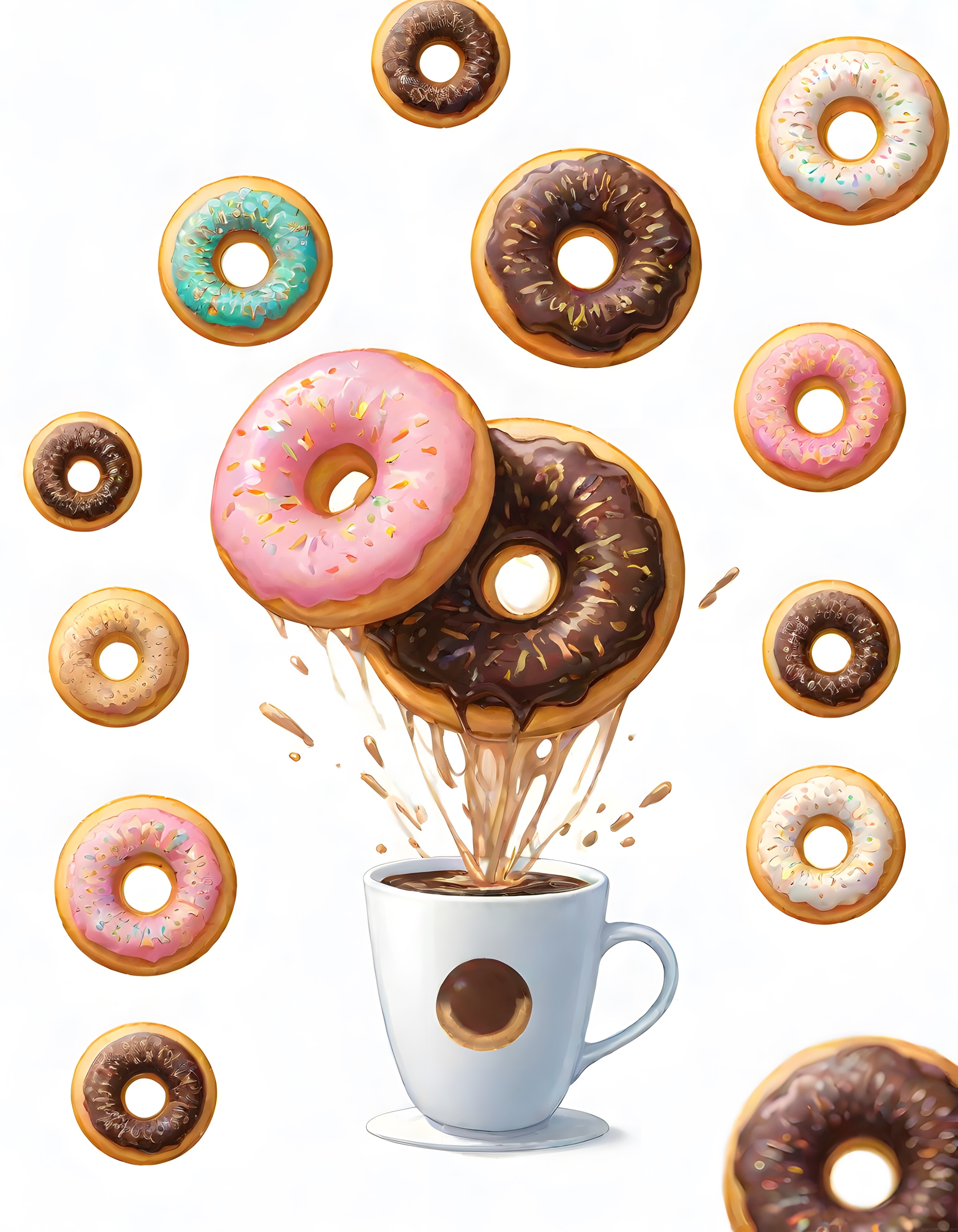 Kahve Fincanından Fırlayan Renkli Donutlar: Tatlı Bir Patlama