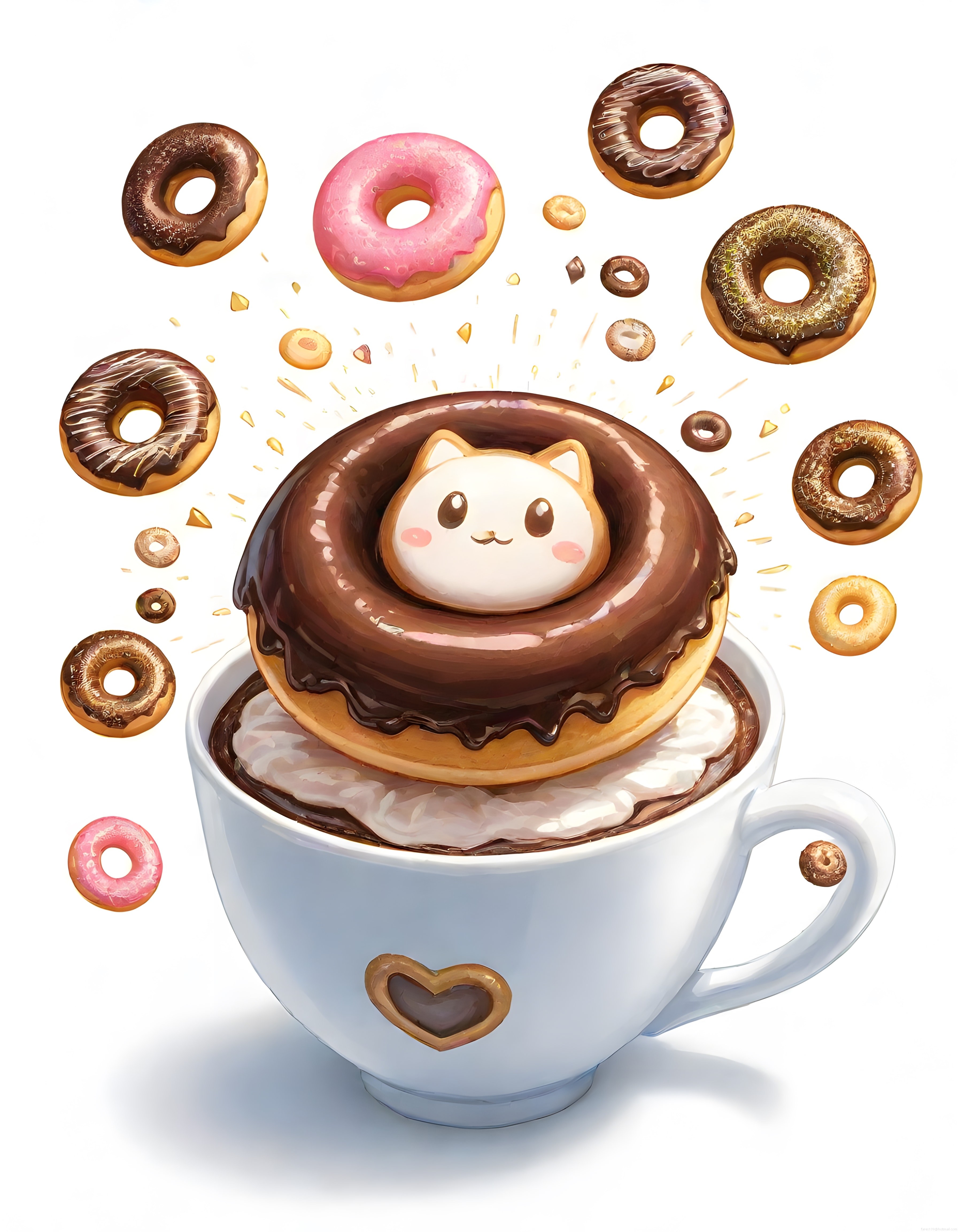 Kahve kupasında sevimli kedi ve uçan çikolatalı donutlar dijital illüstrasyon