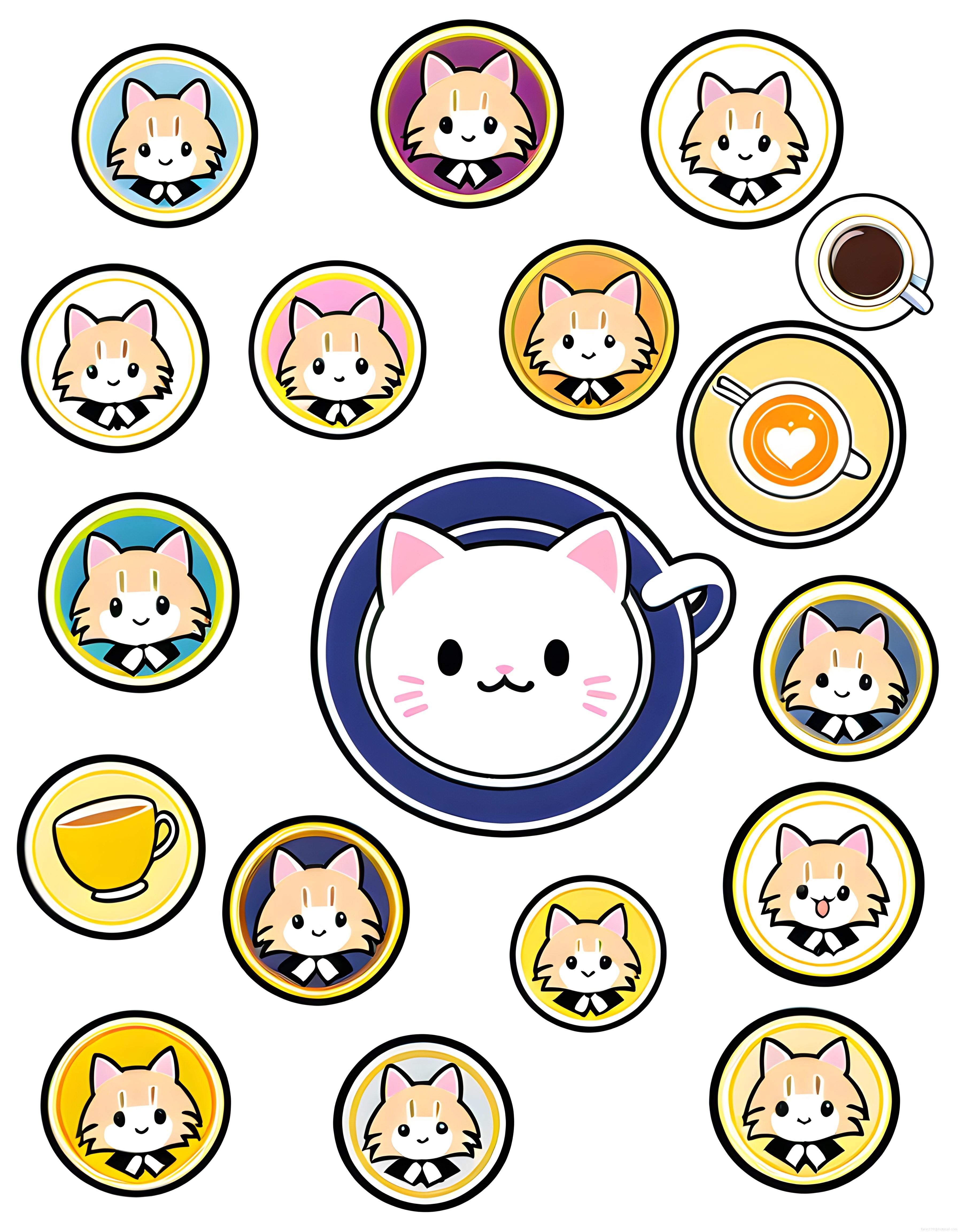 Kahve Molası Temalı Sevimli Kedi Rozetleri ve Kawaii Dijital Çizimler